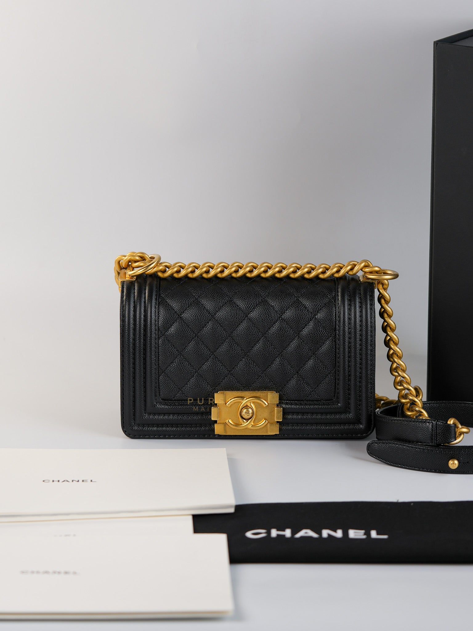 Boy Small Black Caviar Leather and Aged Gold Hardware (Microchip) | Purse Maison Luxury Bags Shop