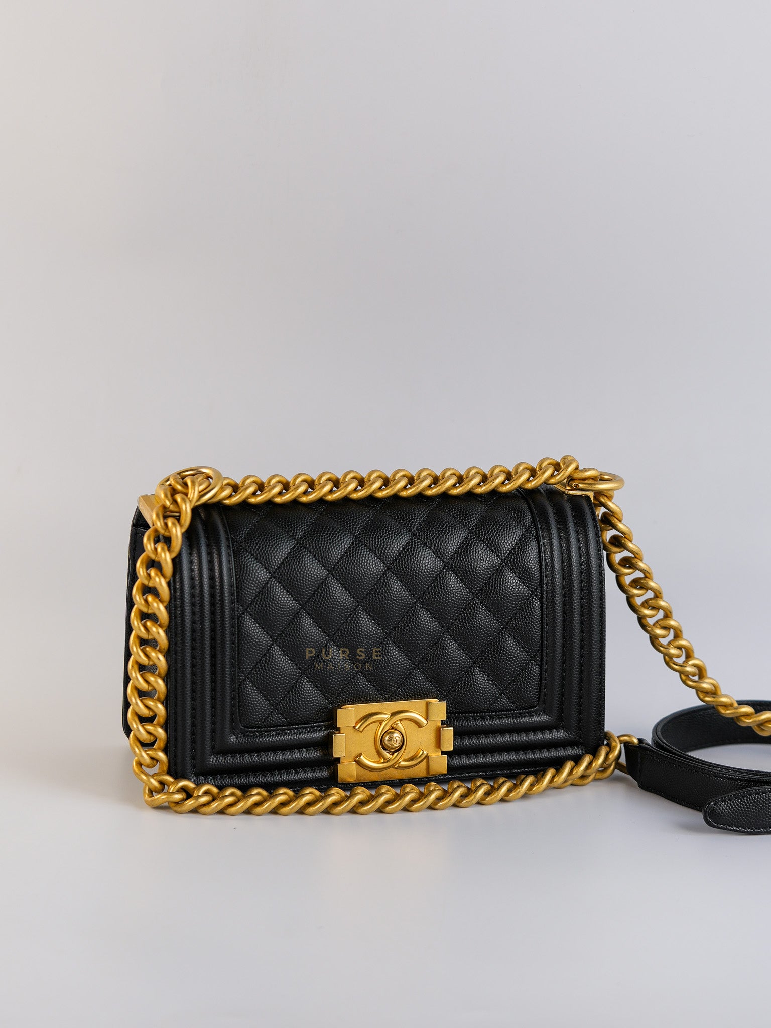 Boy Small Black Caviar Leather and Aged Gold Hardware (Microchip) | Purse Maison Luxury Bags Shop