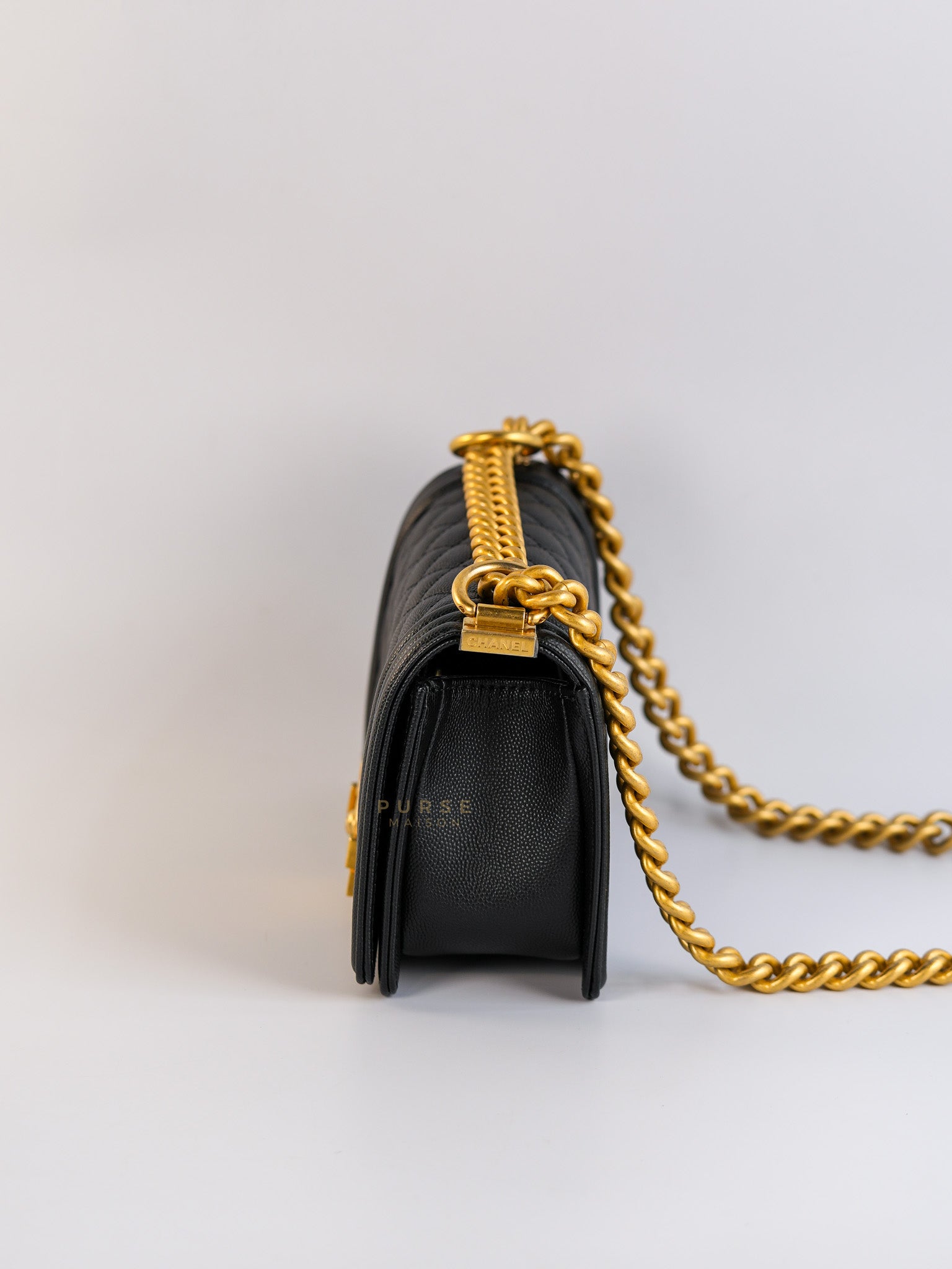 Boy Small Black Caviar Leather and Aged Gold Hardware (Microchip) | Purse Maison Luxury Bags Shop