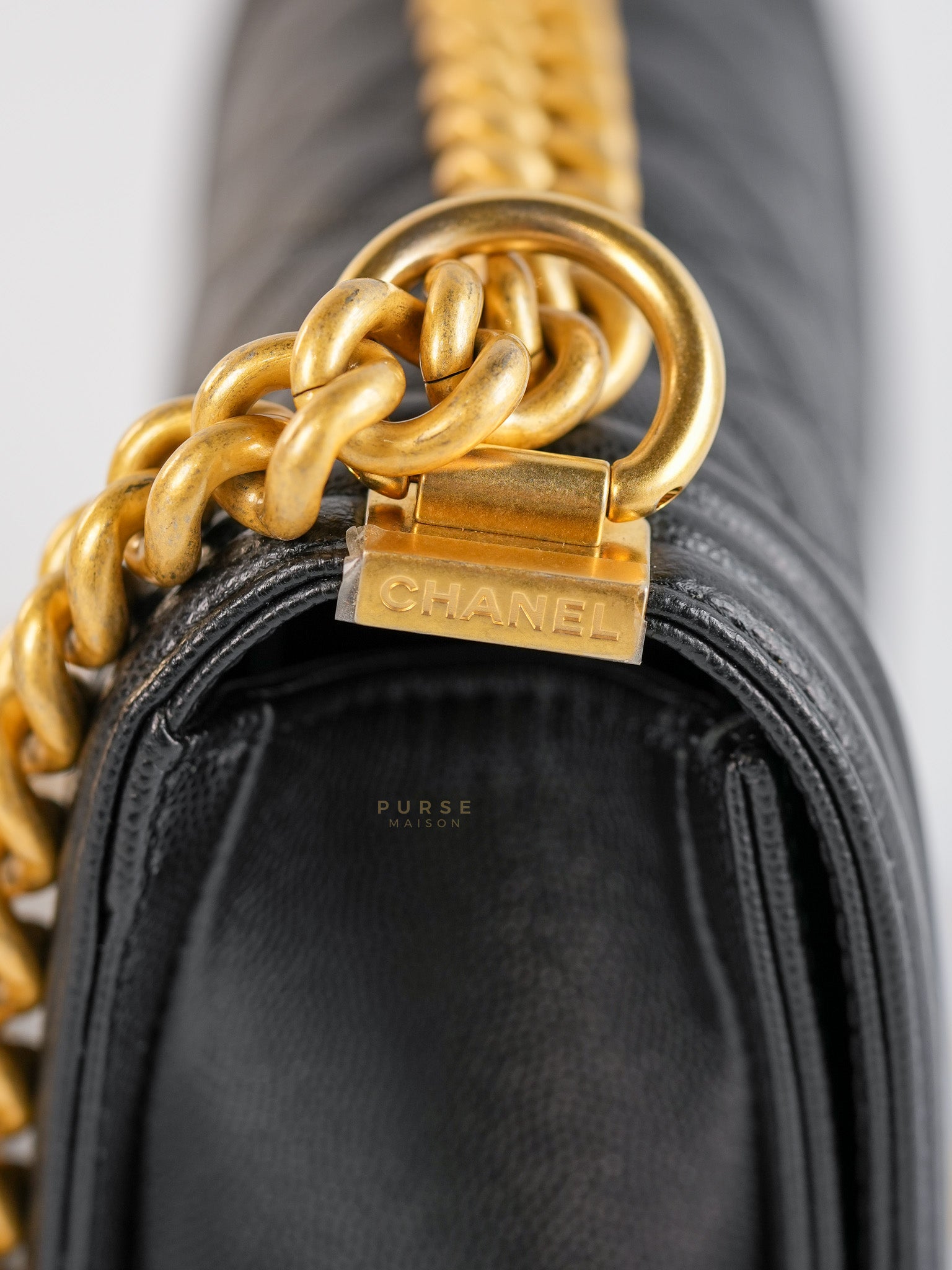 Boy Small Black Caviar Leather and Aged Gold Hardware (Microchip) | Purse Maison Luxury Bags Shop
