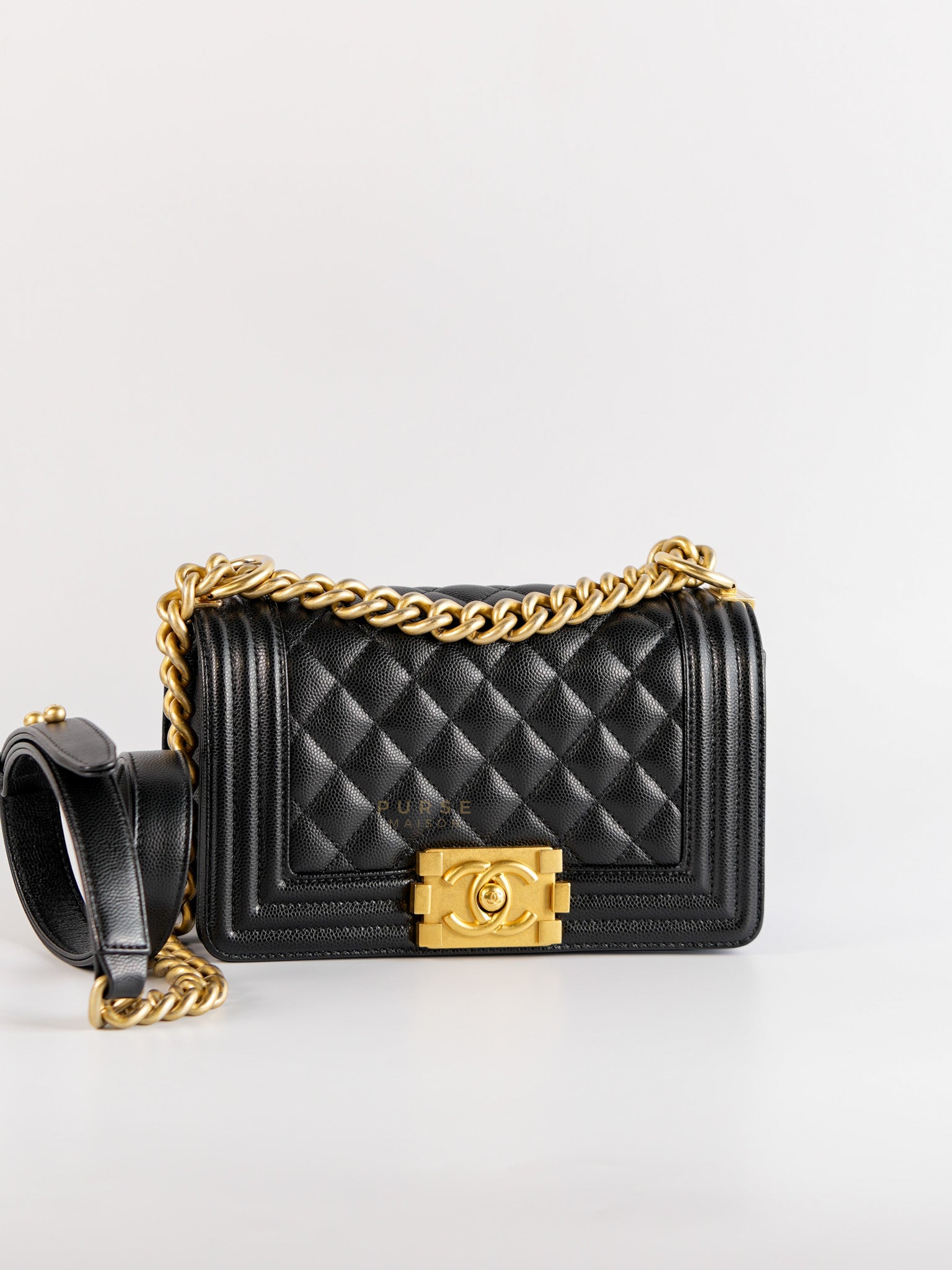 Boy Small Black Caviar Leather and Aged Gold Hardware(Microchip) | Purse Maison Luxury Bags Shop