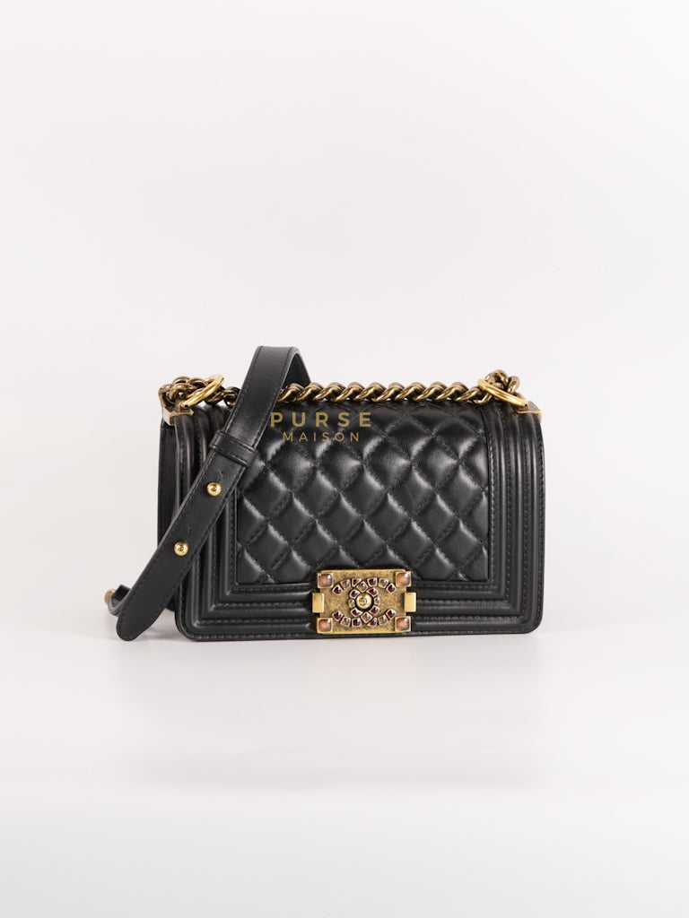 Boy Small Black Gripoix Quilted Lambskin Leather in Aged Gold Hardware Series 30 | Purse Maison Luxury Bags Shop