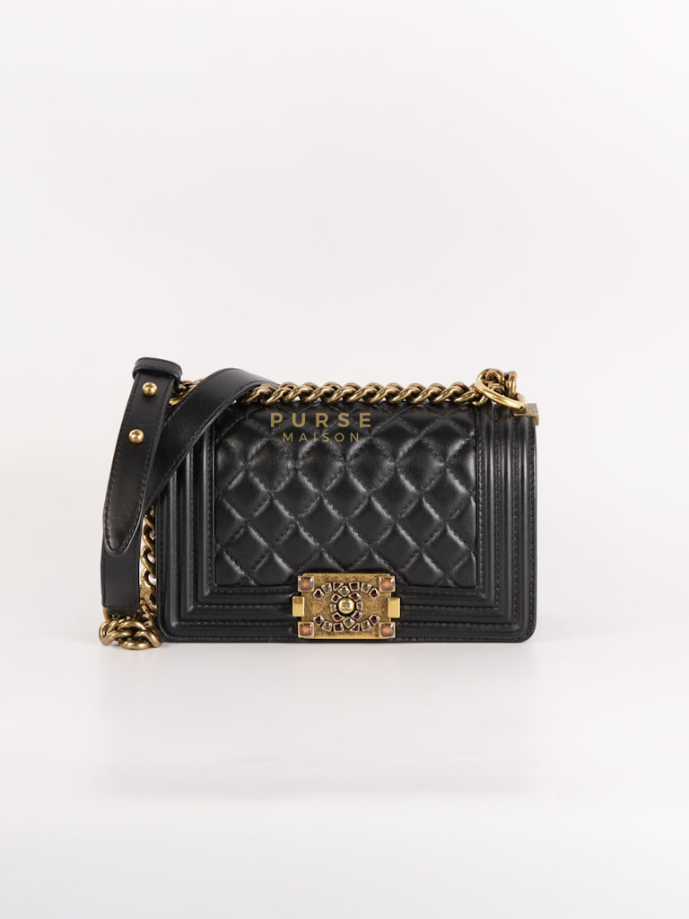 Boy Small Black Gripoix Quilted Lambskin Leather in Aged Gold Hardware Series 30 | Purse Maison Luxury Bags Shop