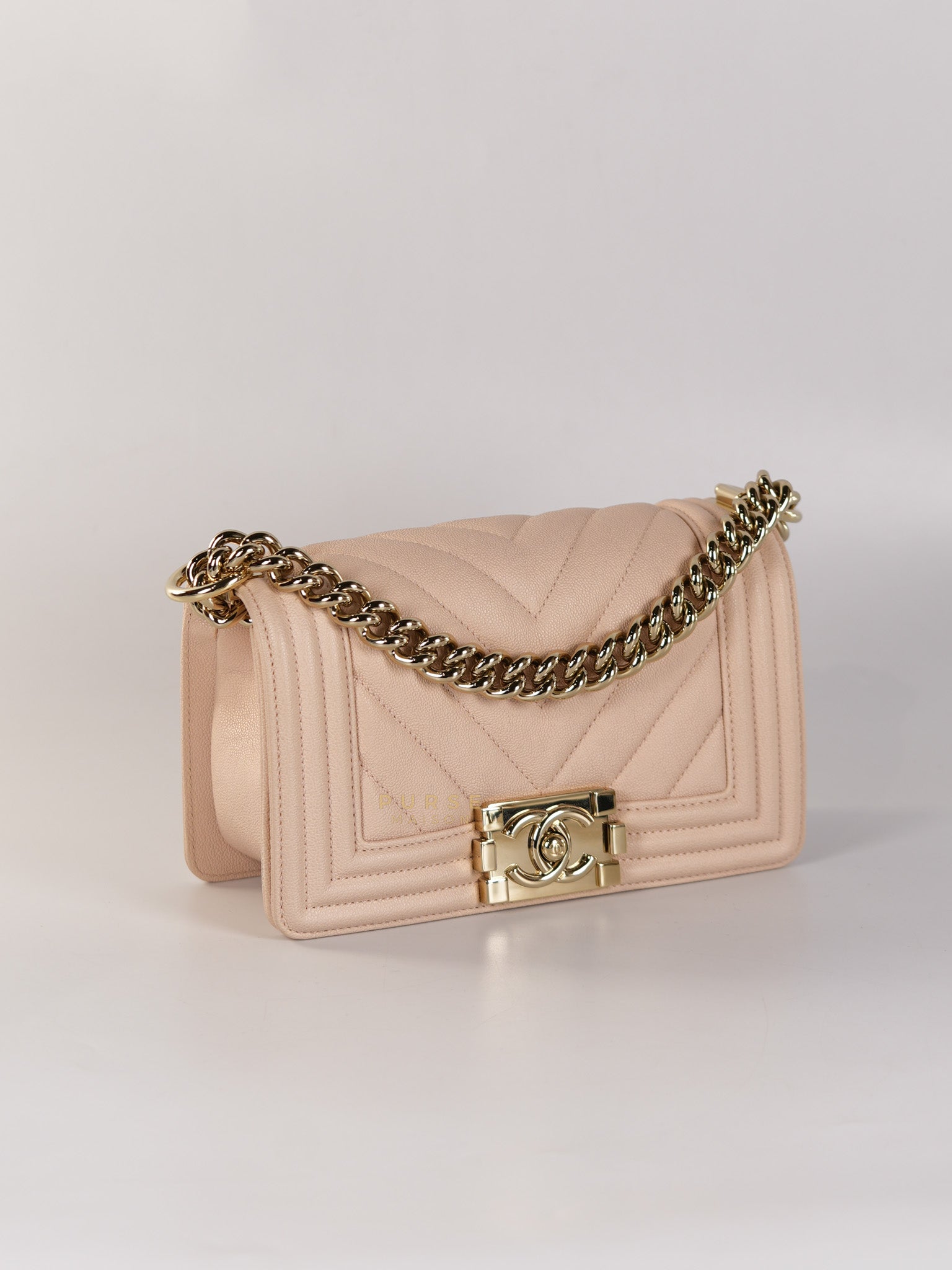 Boy Small Blush Pink Chevron Caviar Leather in Light Gold Hardware Series 30 | Purse Maison Luxury Bags Shop