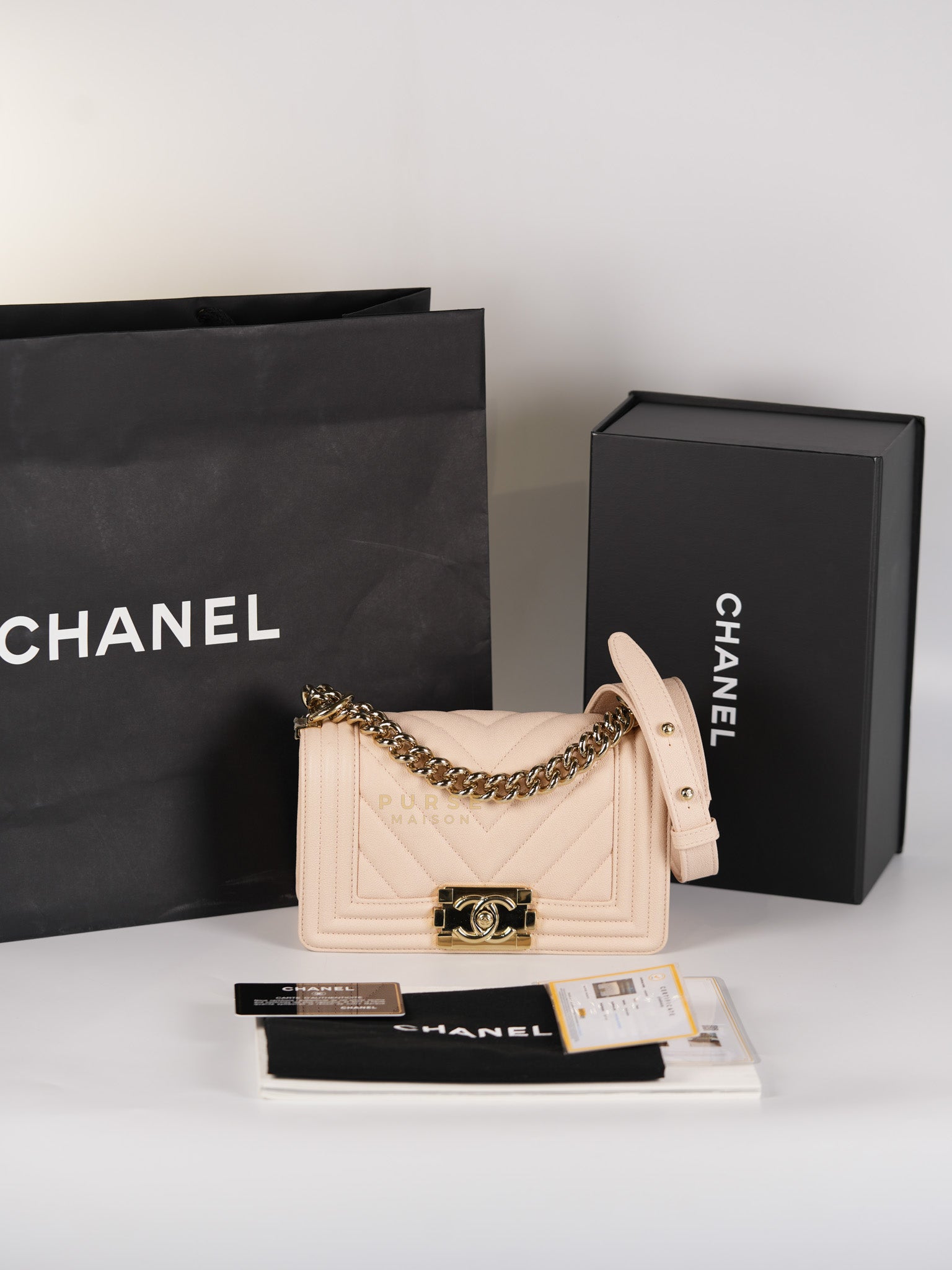Boy Small Blush Pink Chevron Caviar Leather in Light Gold Hardware Series 30 | Purse Maison Luxury Bags Shop