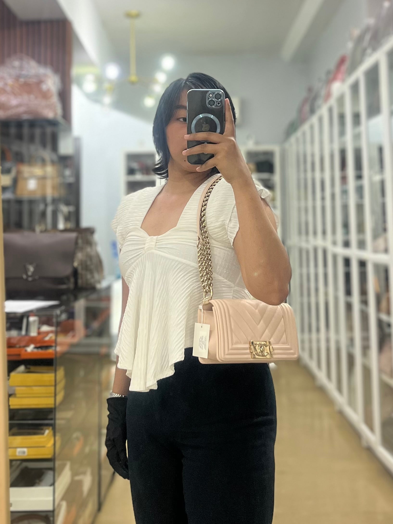 Boy Small Blush Pink Chevron Caviar Leather in Light Gold Hardware Series 30 | Purse Maison Luxury Bags Shop