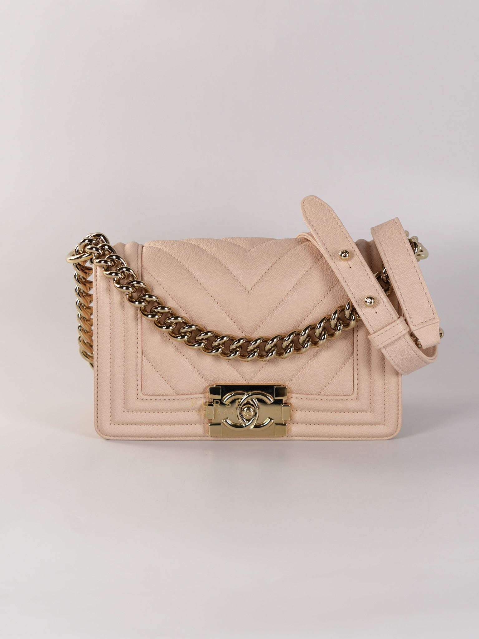 Boy Small Blush Pink Chevron Caviar Leather in Light Gold Hardware Series 30 | Purse Maison Luxury Bags Shop