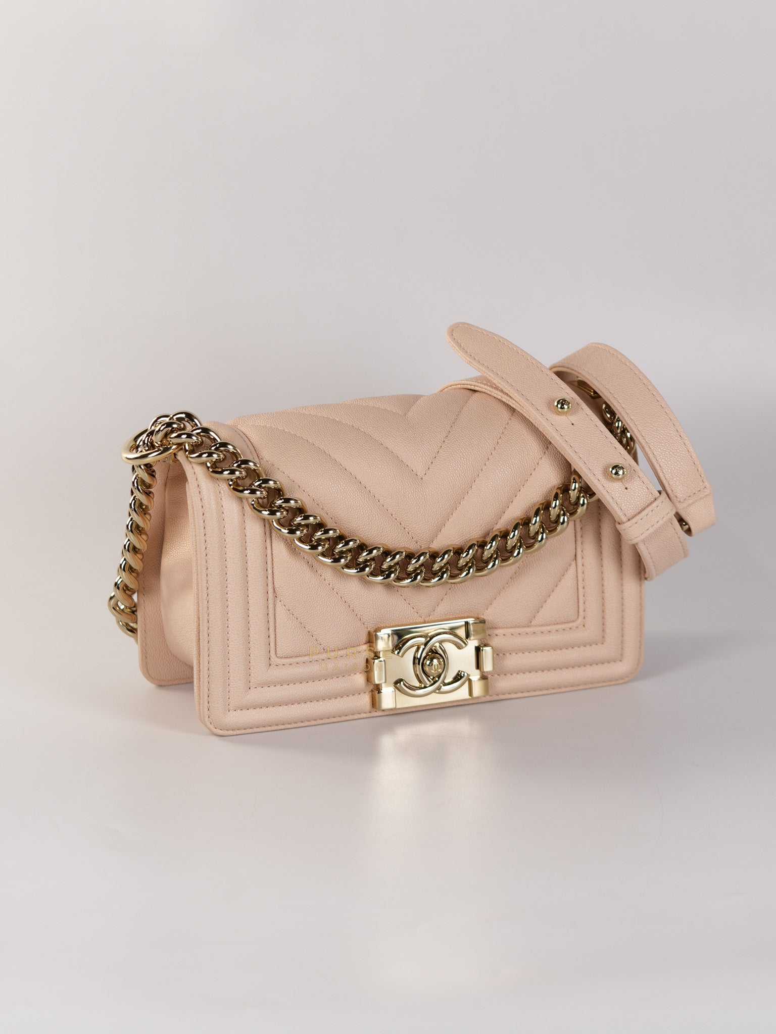 Boy Small Blush Pink Chevron Caviar Leather in Light Gold Hardware Series 30 | Purse Maison Luxury Bags Shop