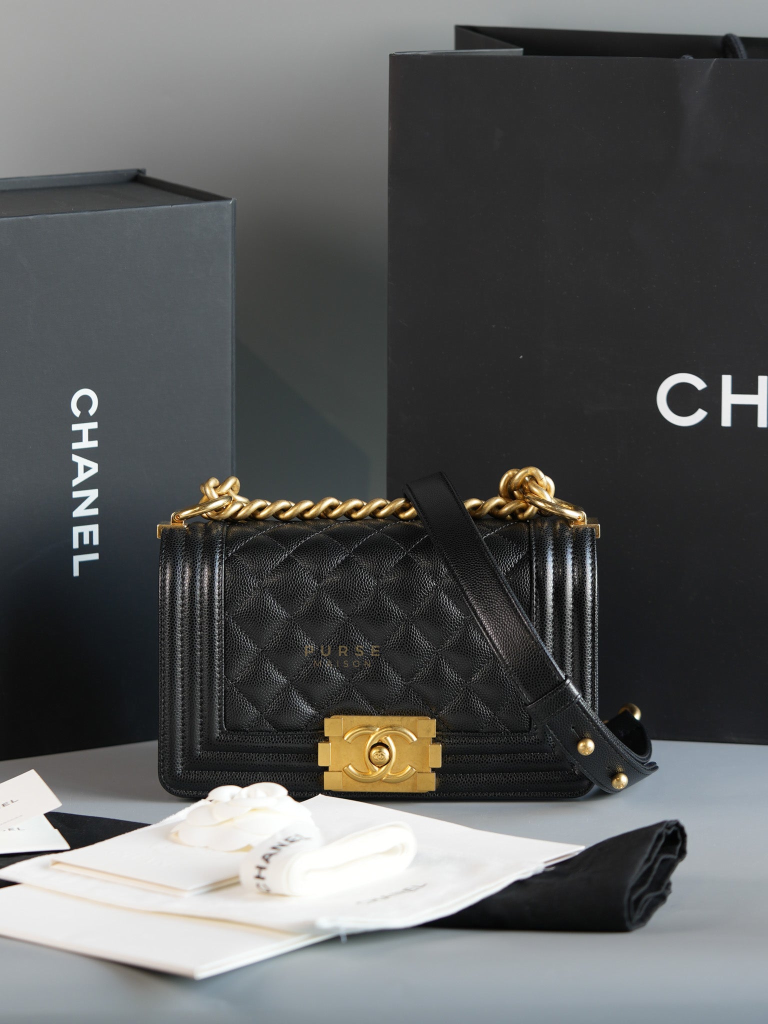 Boy Small Caviar Leather in Aged Gold Hardware (Microchip) | Purse Maison Luxury Bags Shop