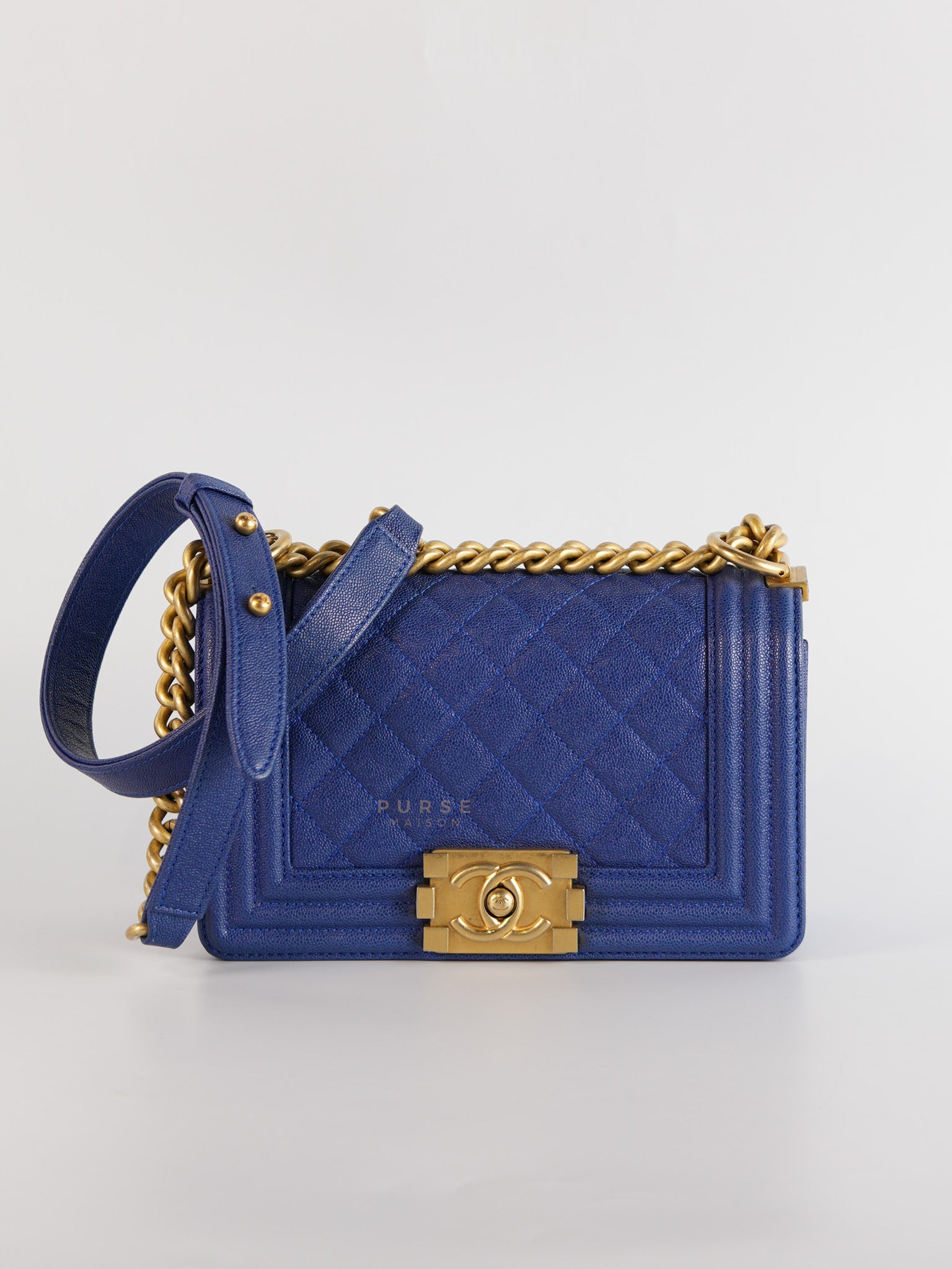 Boy Small Caviar Leather in Royal Blue Aged Gold Hardware(Series 28) | Purse Maison Luxury Bags Shop