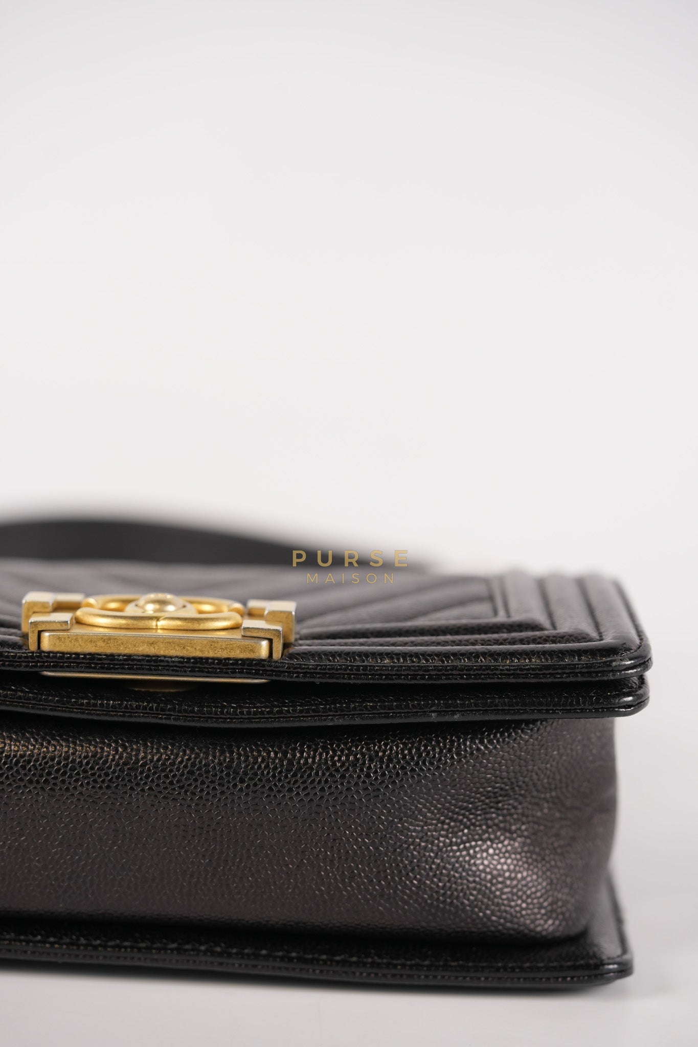 Boy Small Chevron in Black Caviar Leather and Aged Gold Hardware Series 24 | Purse Maison Luxury Bags Shop
