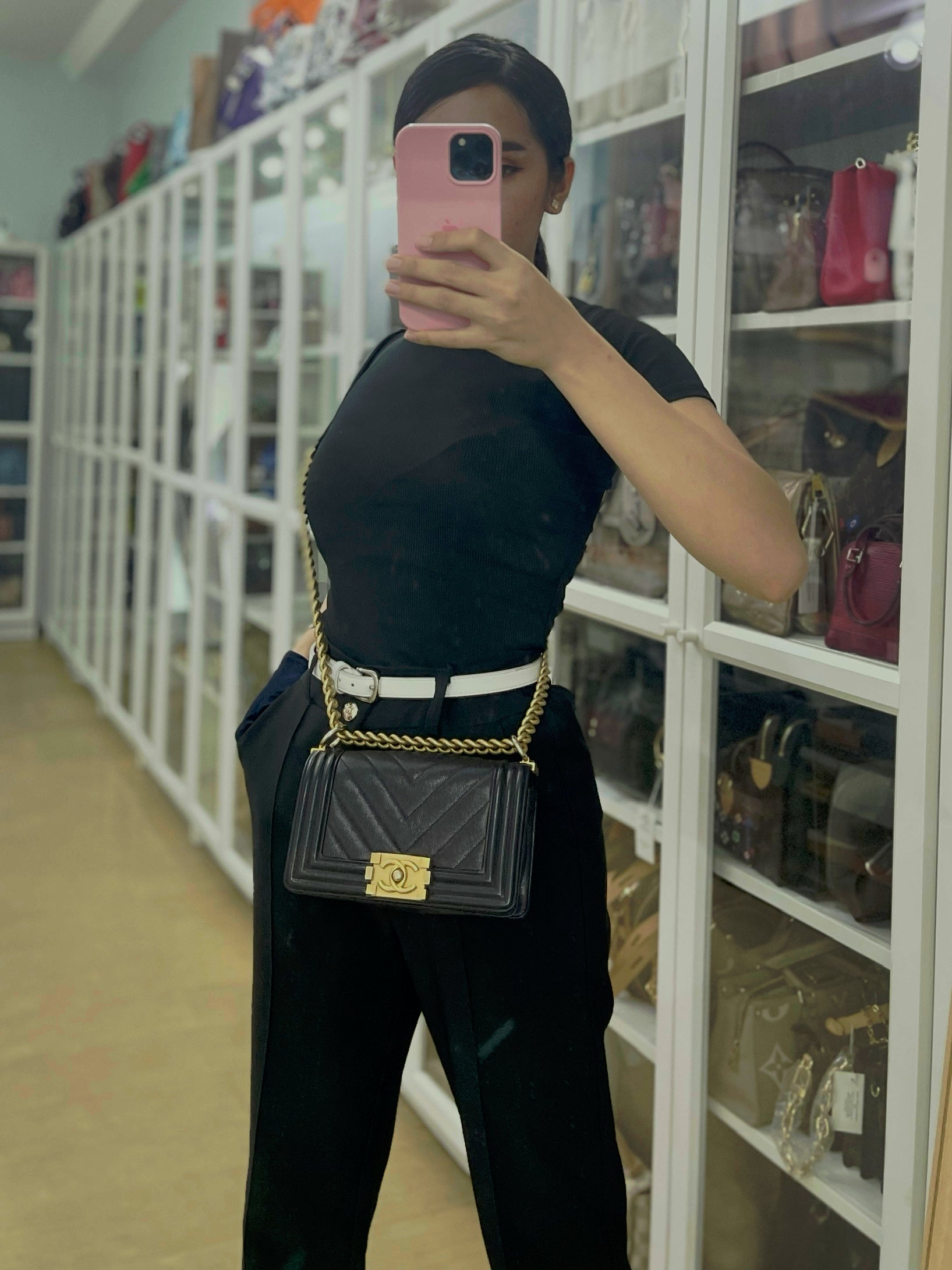 Boy Small Chevron in Black Caviar Leather and Aged Gold Hardware Series 24 | Purse Maison Luxury Bags Shop