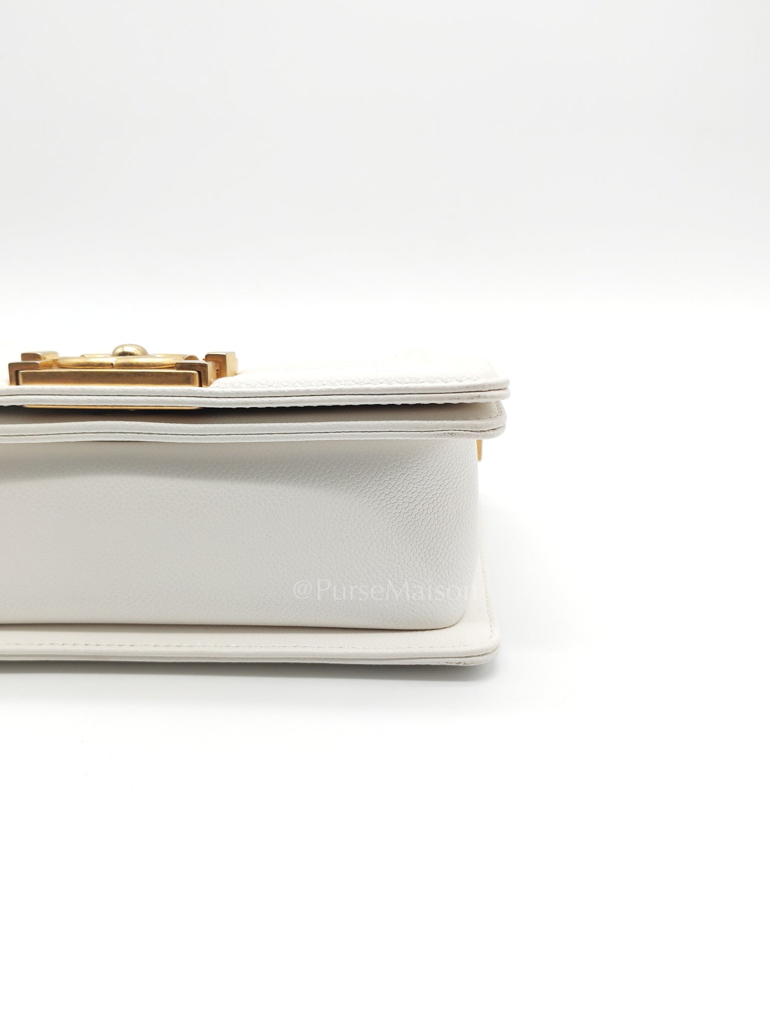 Le Boy Small Chevron White Caviar Leather in Aged Gold Hardware (Microchip) | Purse Maison Luxury Bags Shop
