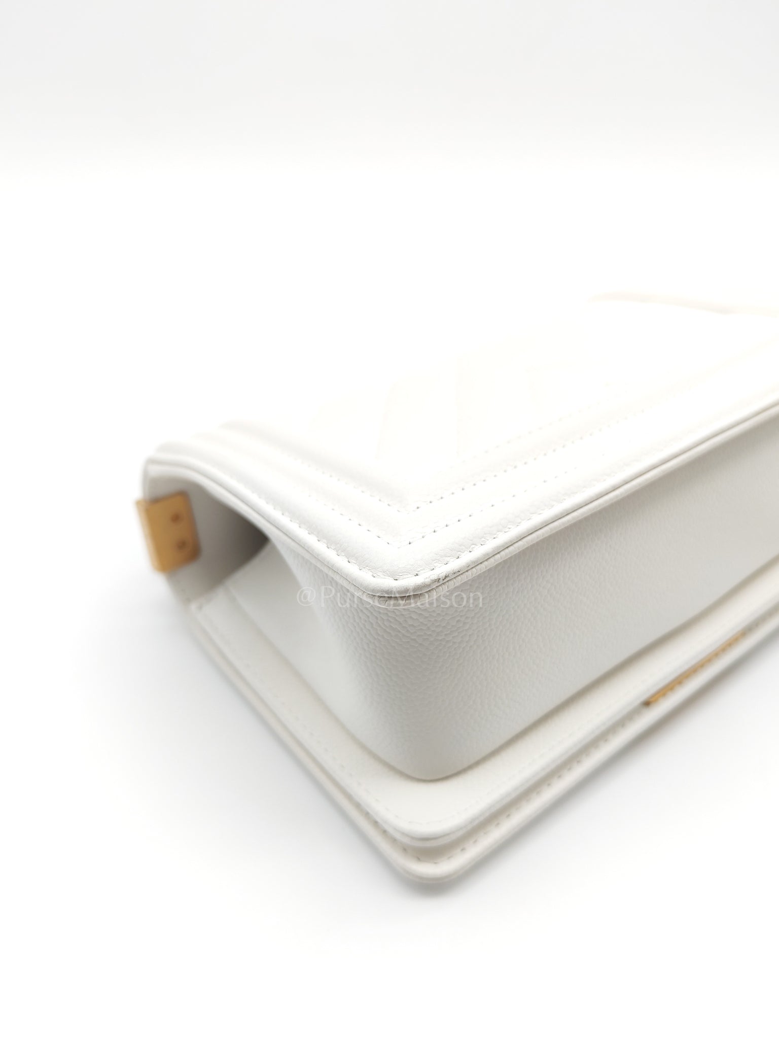 Le Boy Small Chevron White Caviar Leather in Aged Gold Hardware (Microchip) | Purse Maison Luxury Bags Shop