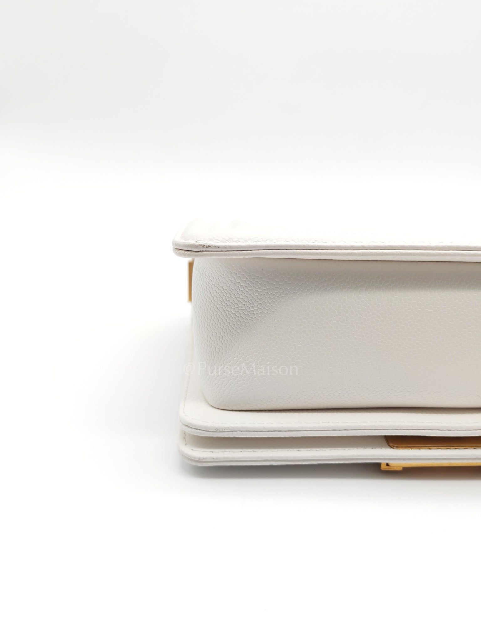 Le Boy Small Chevron White Caviar Leather in Aged Gold Hardware (Microchip) | Purse Maison Luxury Bags Shop