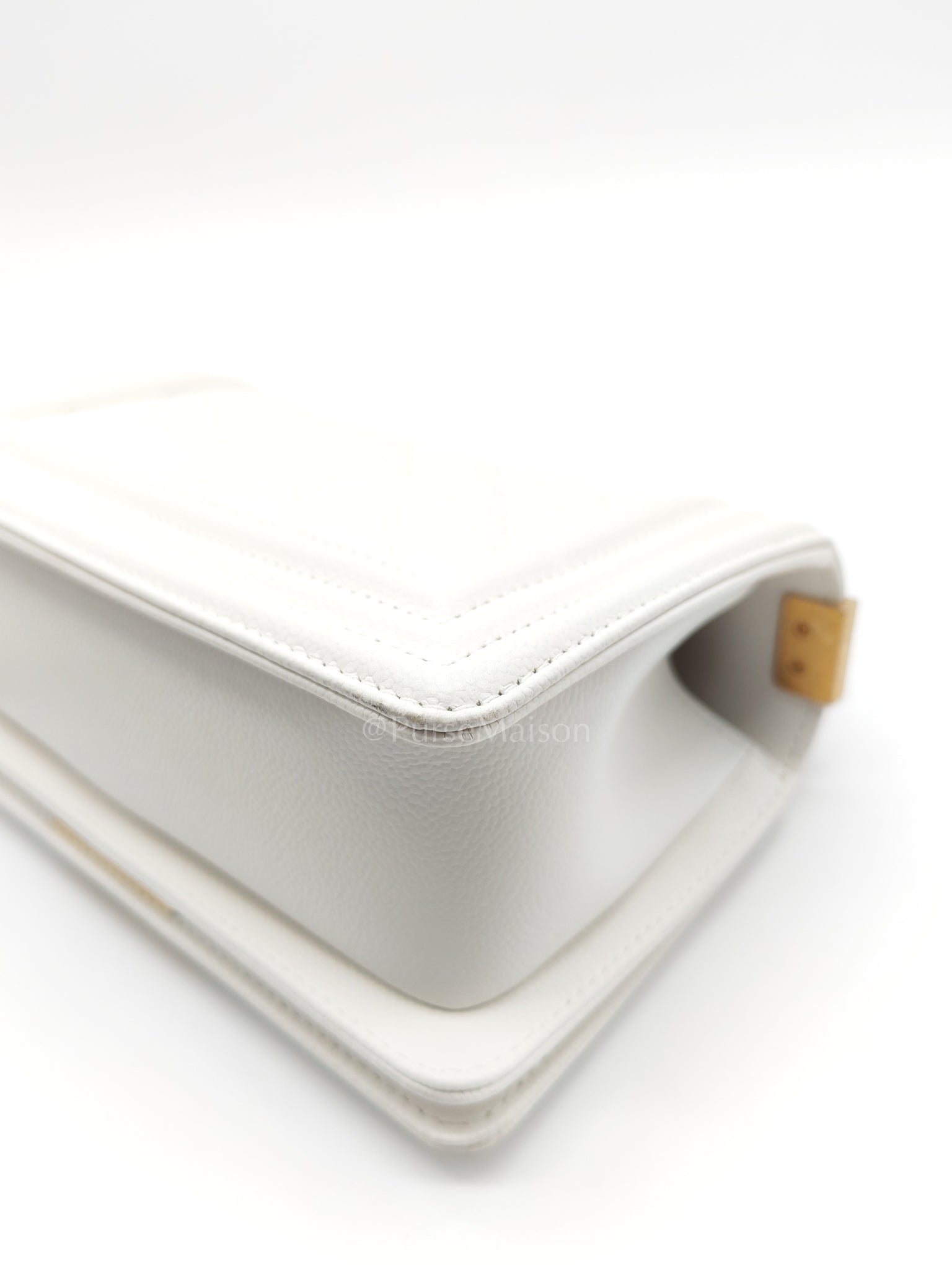 Le Boy Small Chevron White Caviar Leather in Aged Gold Hardware (Microchip) | Purse Maison Luxury Bags Shop