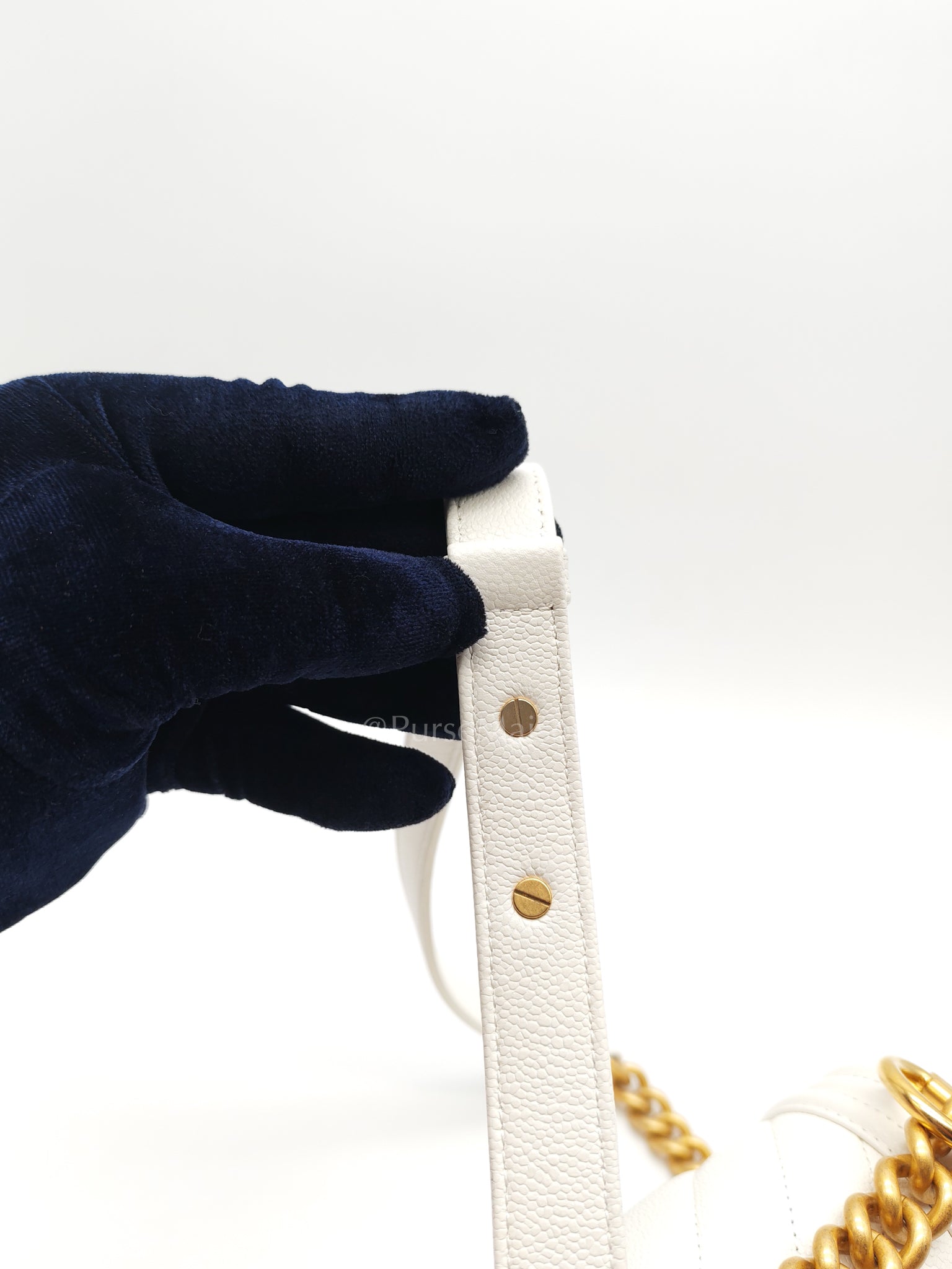 Le Boy Small Chevron White Caviar Leather in Aged Gold Hardware (Microchip) | Purse Maison Luxury Bags Shop