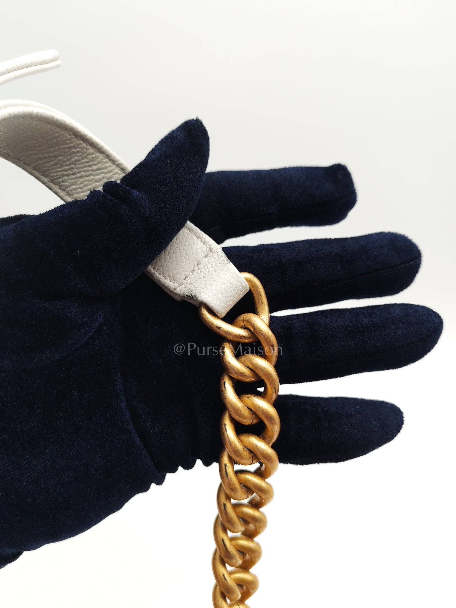 Le Boy Small Chevron White Caviar Leather in Aged Gold Hardware (Microchip) | Purse Maison Luxury Bags Shop