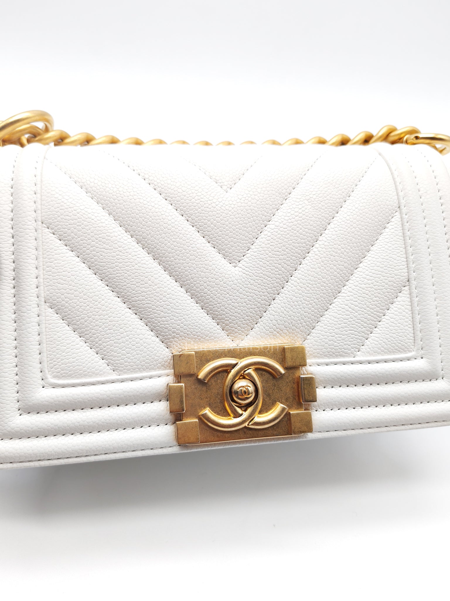 Le Boy Small Chevron White Caviar Leather in Aged Gold Hardware (Microchip) | Purse Maison Luxury Bags Shop