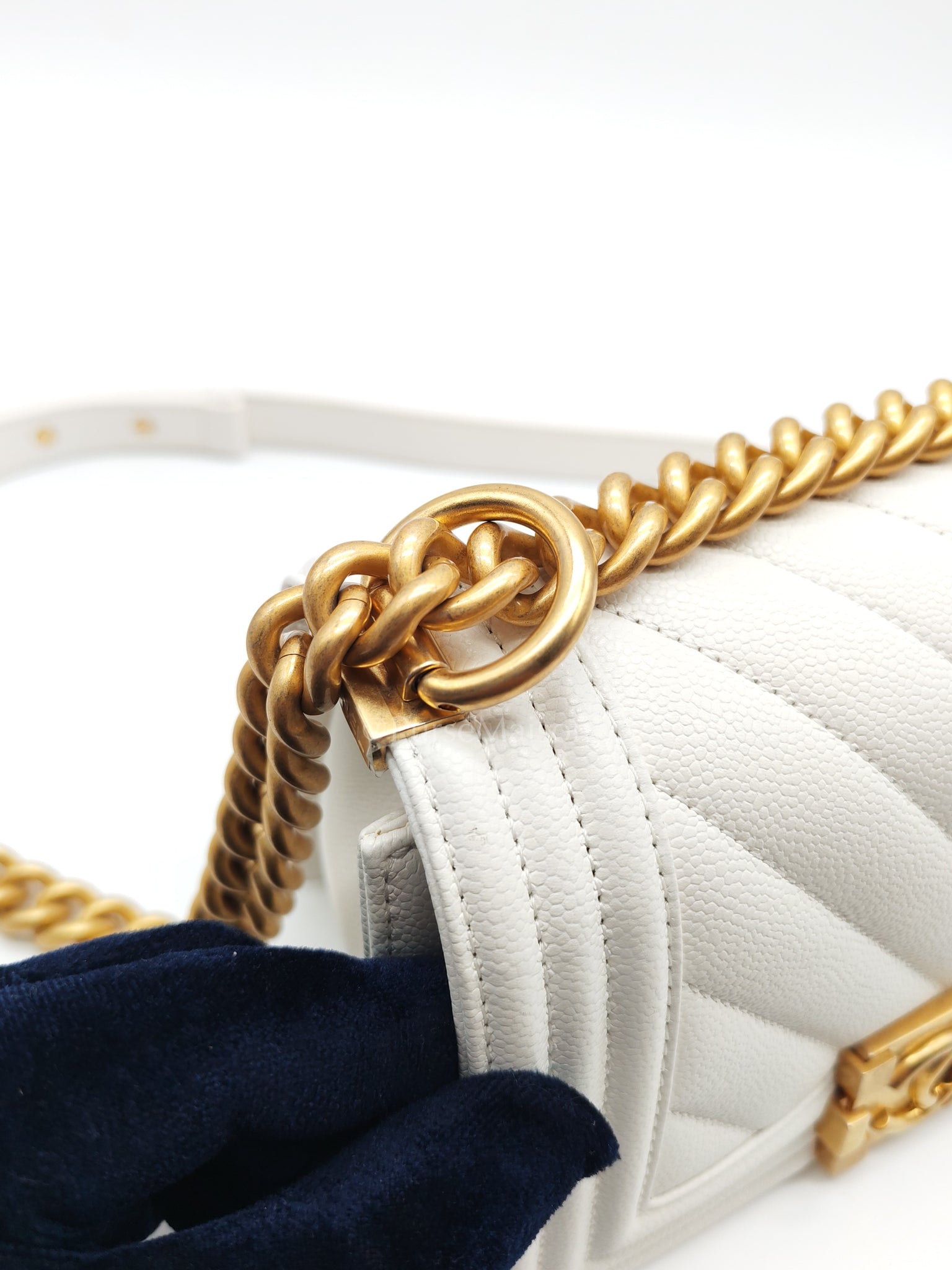Le Boy Small Chevron White Caviar Leather in Aged Gold Hardware (Microchip) | Purse Maison Luxury Bags Shop
