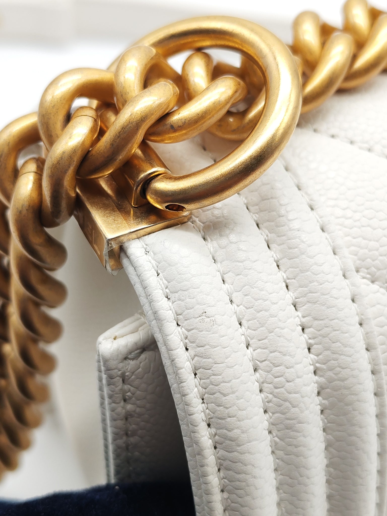 Le Boy Small Chevron White Caviar Leather in Aged Gold Hardware (Microchip) | Purse Maison Luxury Bags Shop