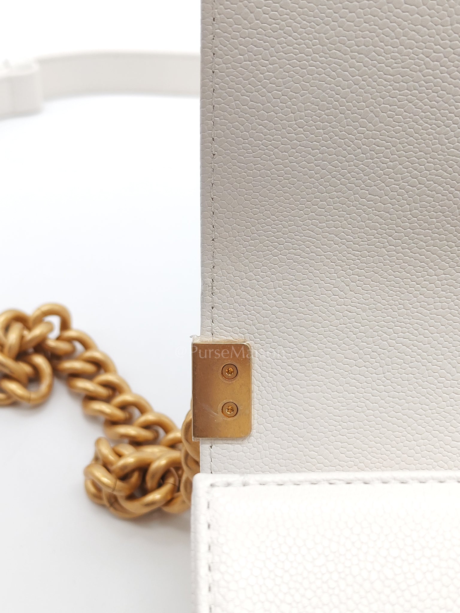 Le Boy Small Chevron White Caviar Leather in Aged Gold Hardware (Microchip) | Purse Maison Luxury Bags Shop
