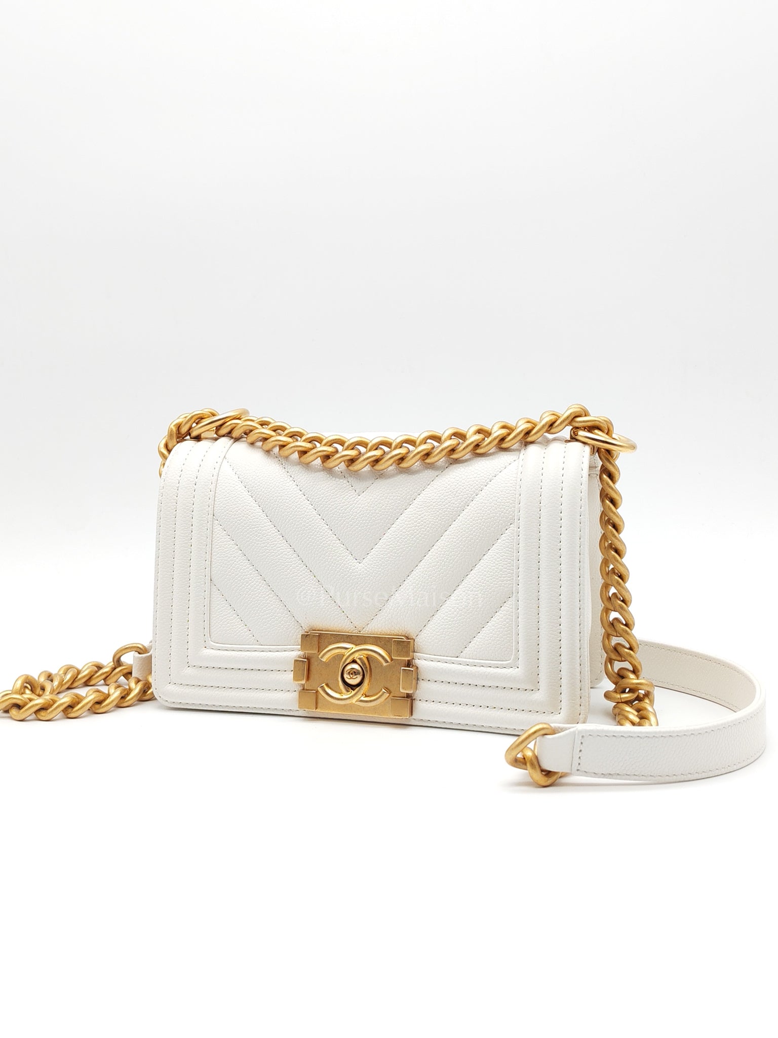 Le Boy Small Chevron White Caviar Leather in Aged Gold Hardware (Microchip) | Purse Maison Luxury Bags Shop