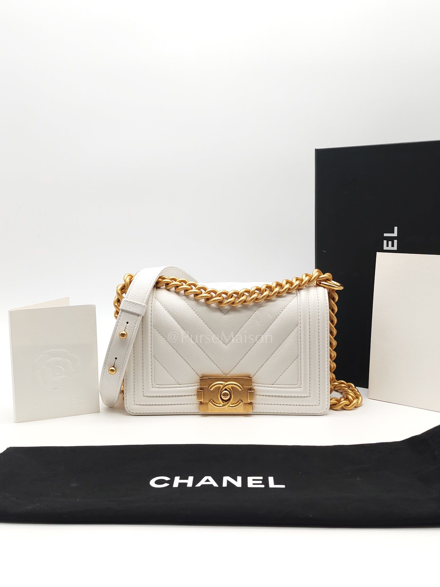 Le Boy Small Chevron White Caviar Leather in Aged Gold Hardware (Microchip) | Purse Maison Luxury Bags Shop