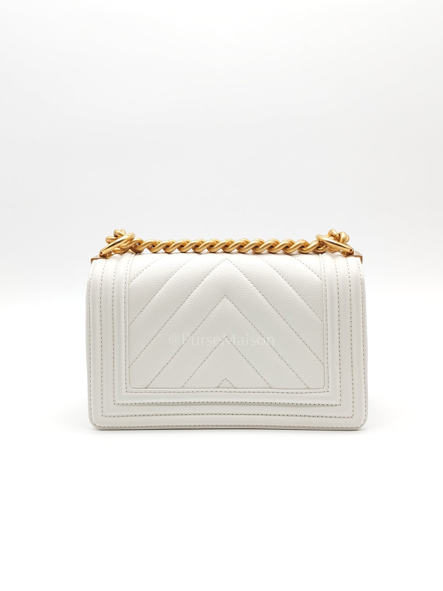 Le Boy Small Chevron White Caviar Leather in Aged Gold Hardware (Microchip) | Purse Maison Luxury Bags Shop