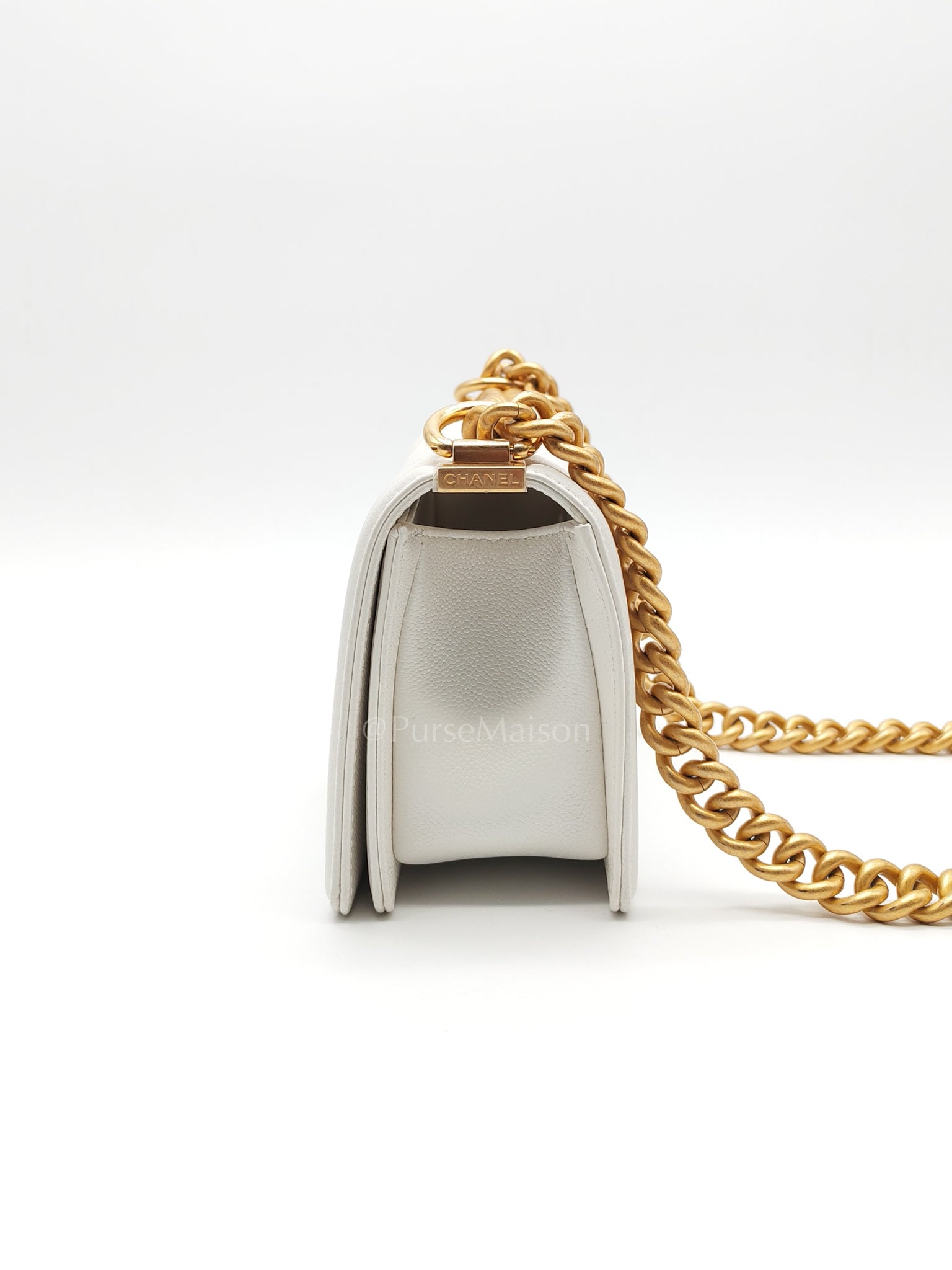 Le Boy Small Chevron White Caviar Leather in Aged Gold Hardware (Microchip) | Purse Maison Luxury Bags Shop
