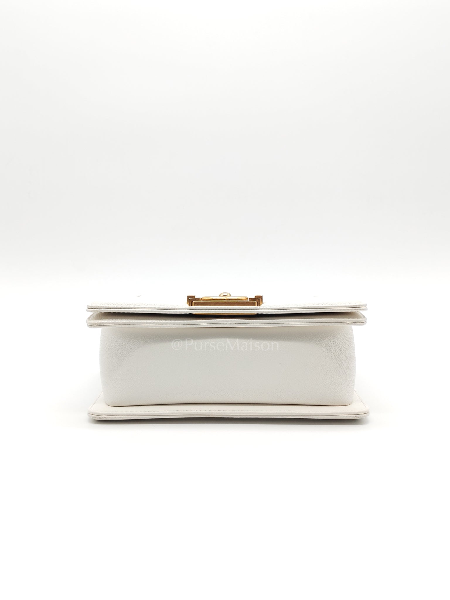 Le Boy Small Chevron White Caviar Leather in Aged Gold Hardware (Microchip) | Purse Maison Luxury Bags Shop