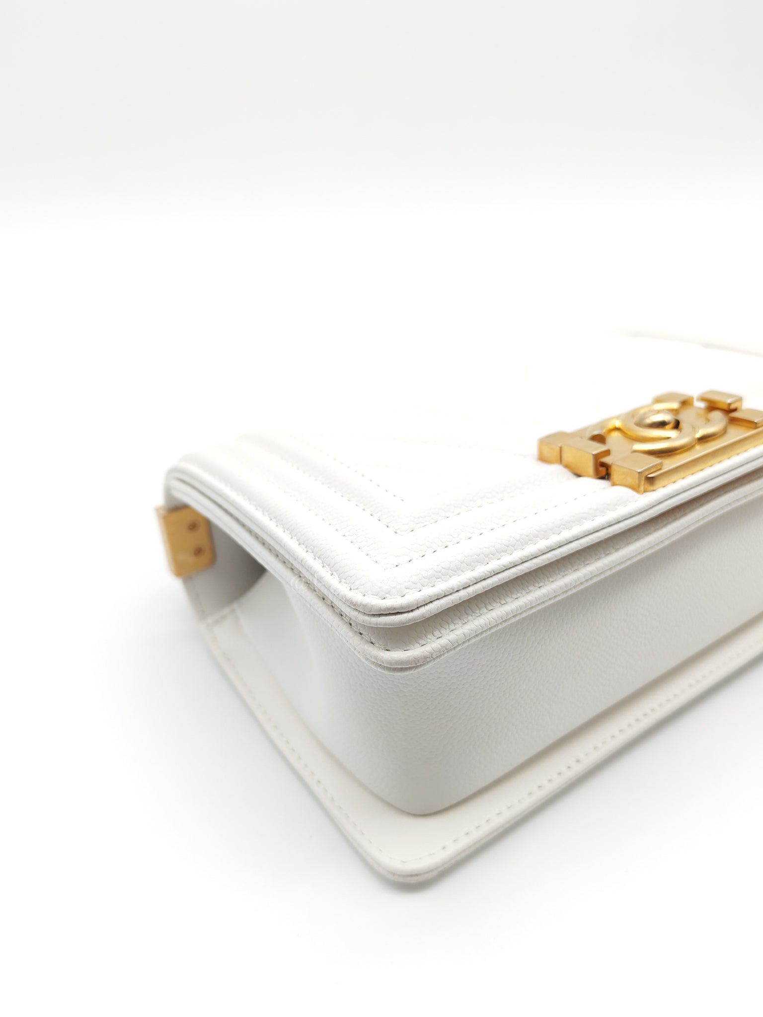 Le Boy Small Chevron White Caviar Leather in Aged Gold Hardware (Microchip) | Purse Maison Luxury Bags Shop