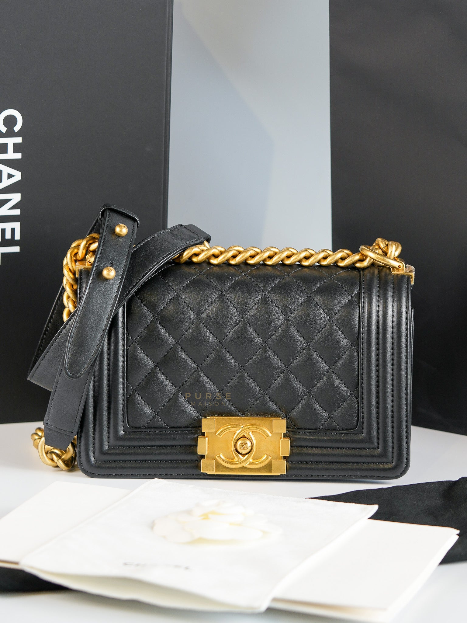 Boy Small Flap Bag Lambskin with Aged Gold Hardware (Microchip) | Purse Maison Luxury Bags Shop