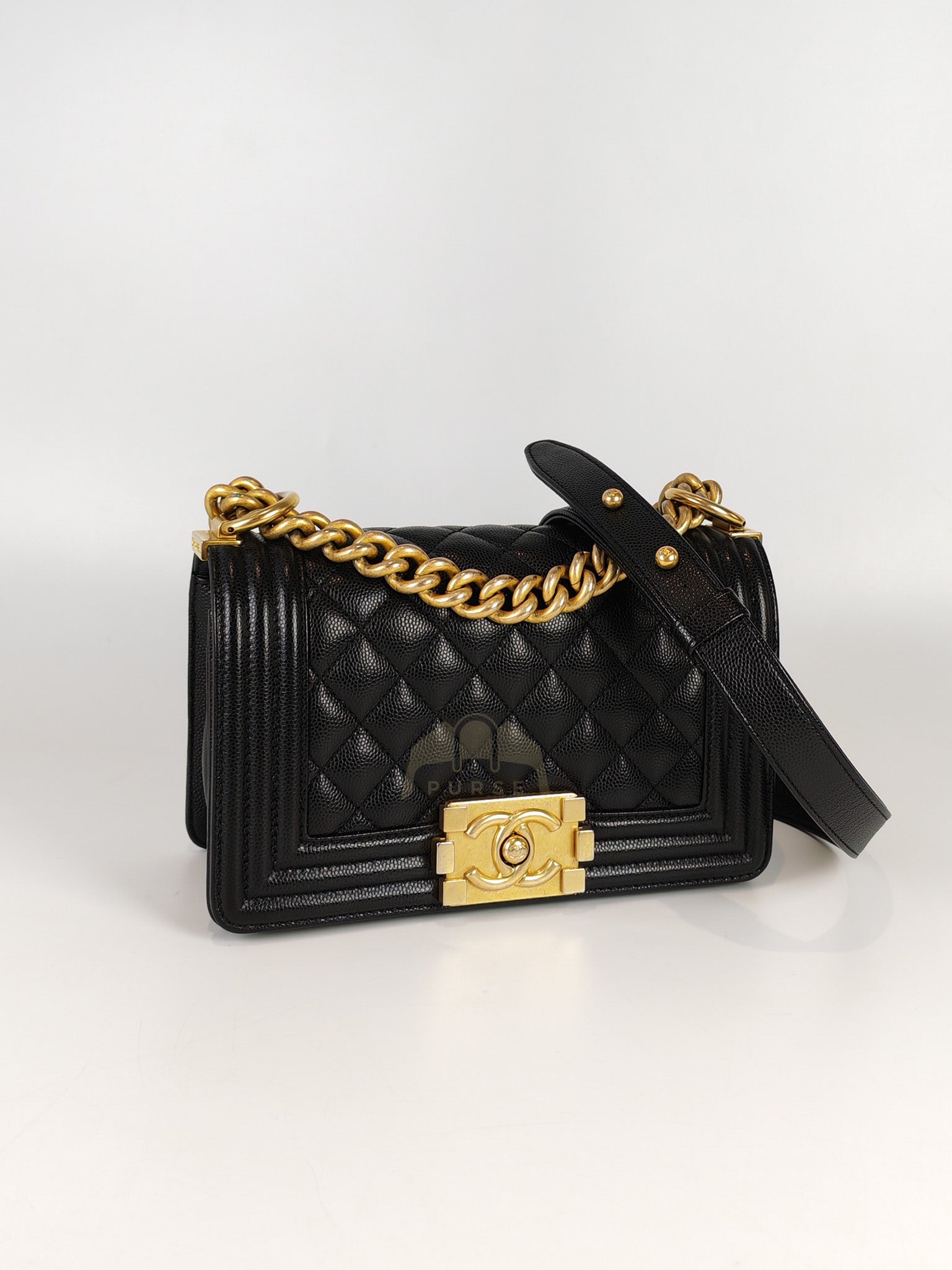Boy Small in Black Caviar Leather & Age Gold Hardware Microchip | Purse Maison Luxury Bags Shop
