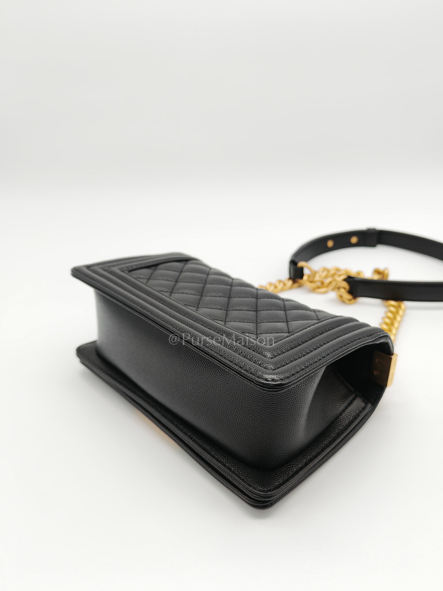 Boy Small in Black Caviar Leather and Aged Gold Hardware (Microchip) | Purse Maison Luxury Bags Shop