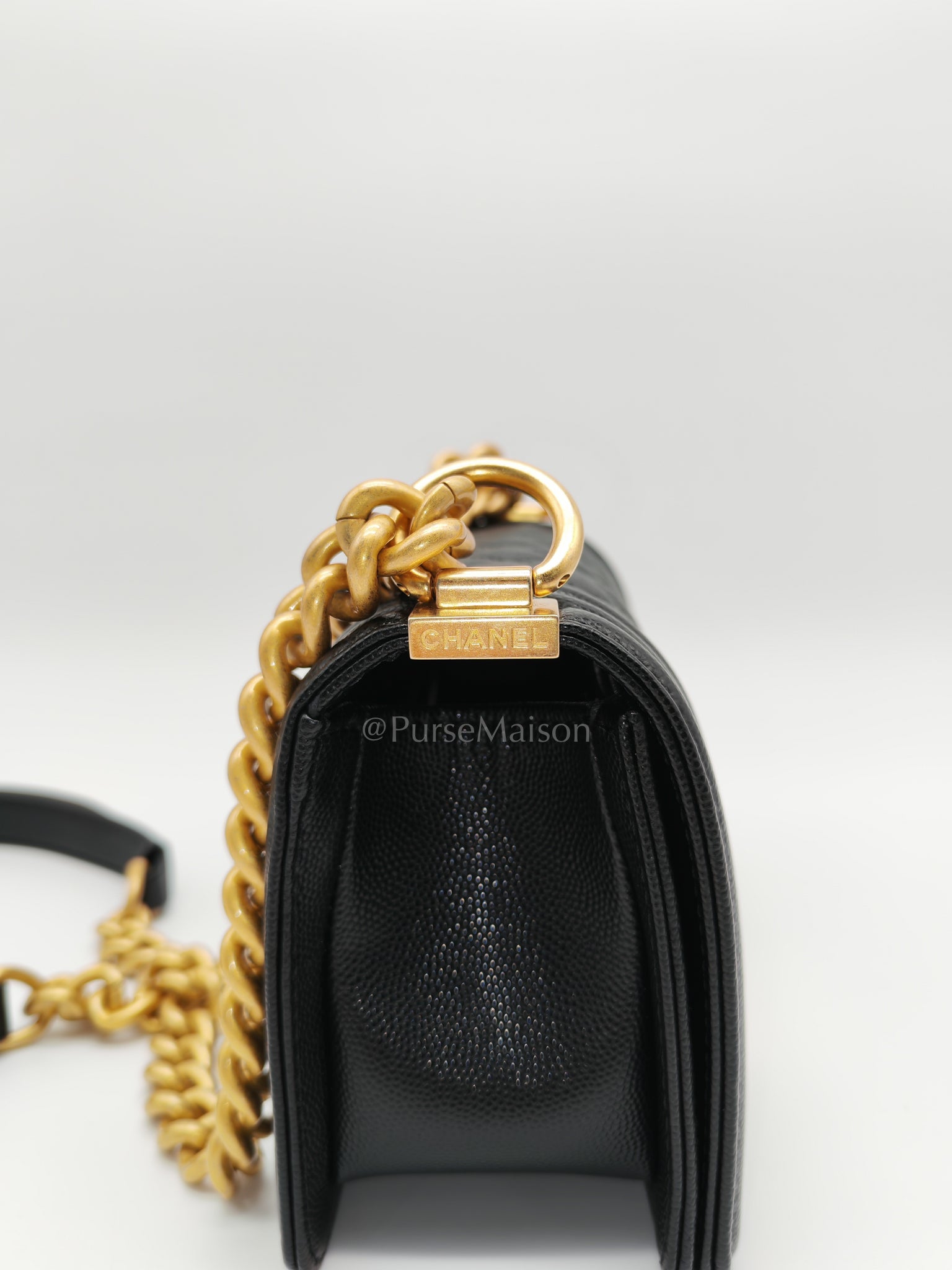 Boy Small in Black Caviar Leather and Aged Gold Hardware (Microchip) | Purse Maison Luxury Bags Shop