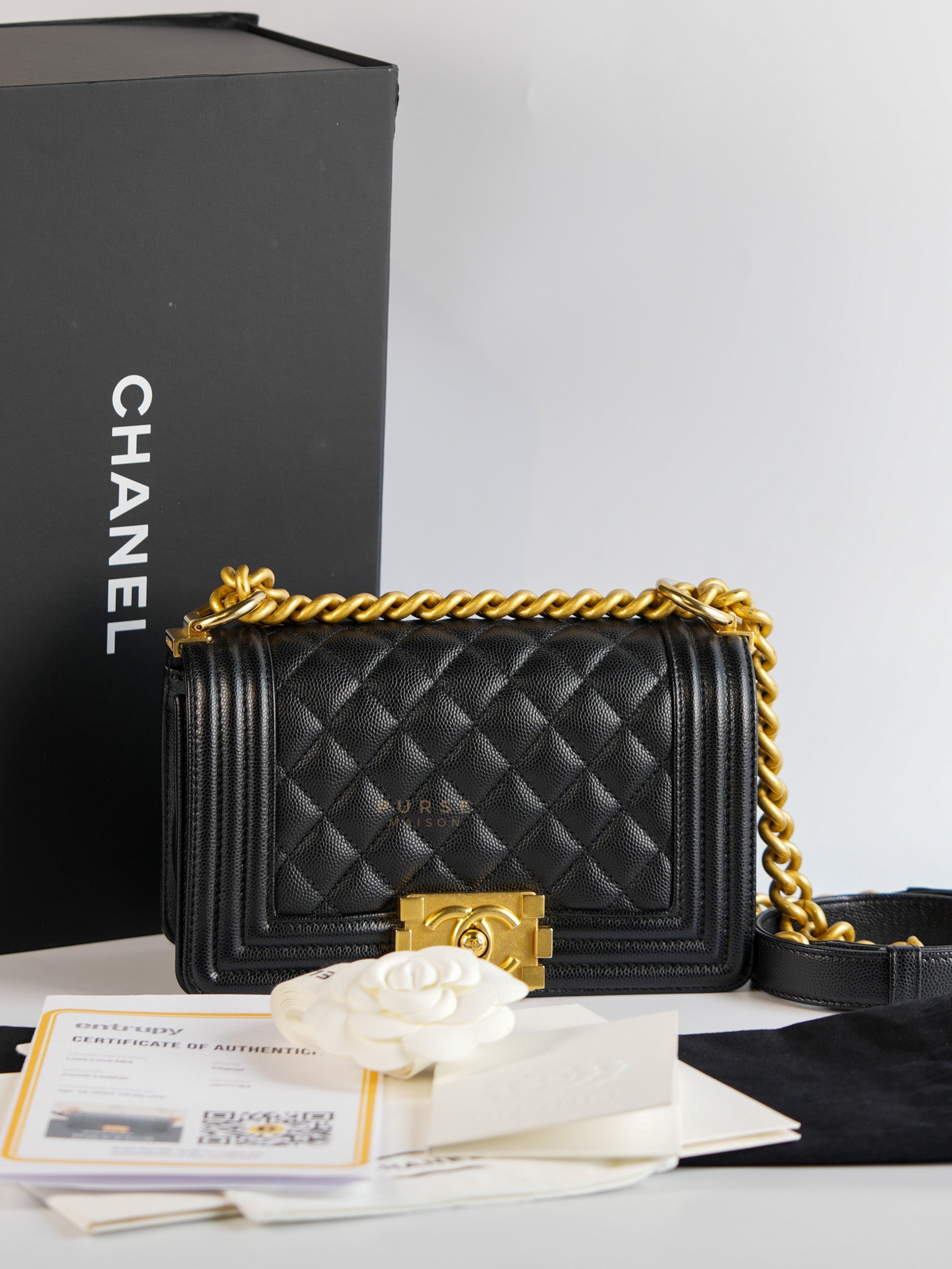 Boy Small in Black Caviar Leather and Aged Gold Hardware (Microchip) | Purse Maison Luxury Bags Shop