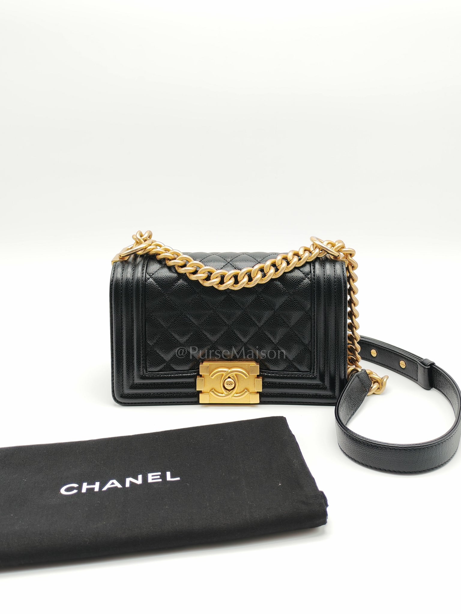 Boy Small in Black Caviar Leather and Aged Gold Hardware (Microchip) | Purse Maison Luxury Bags Shop