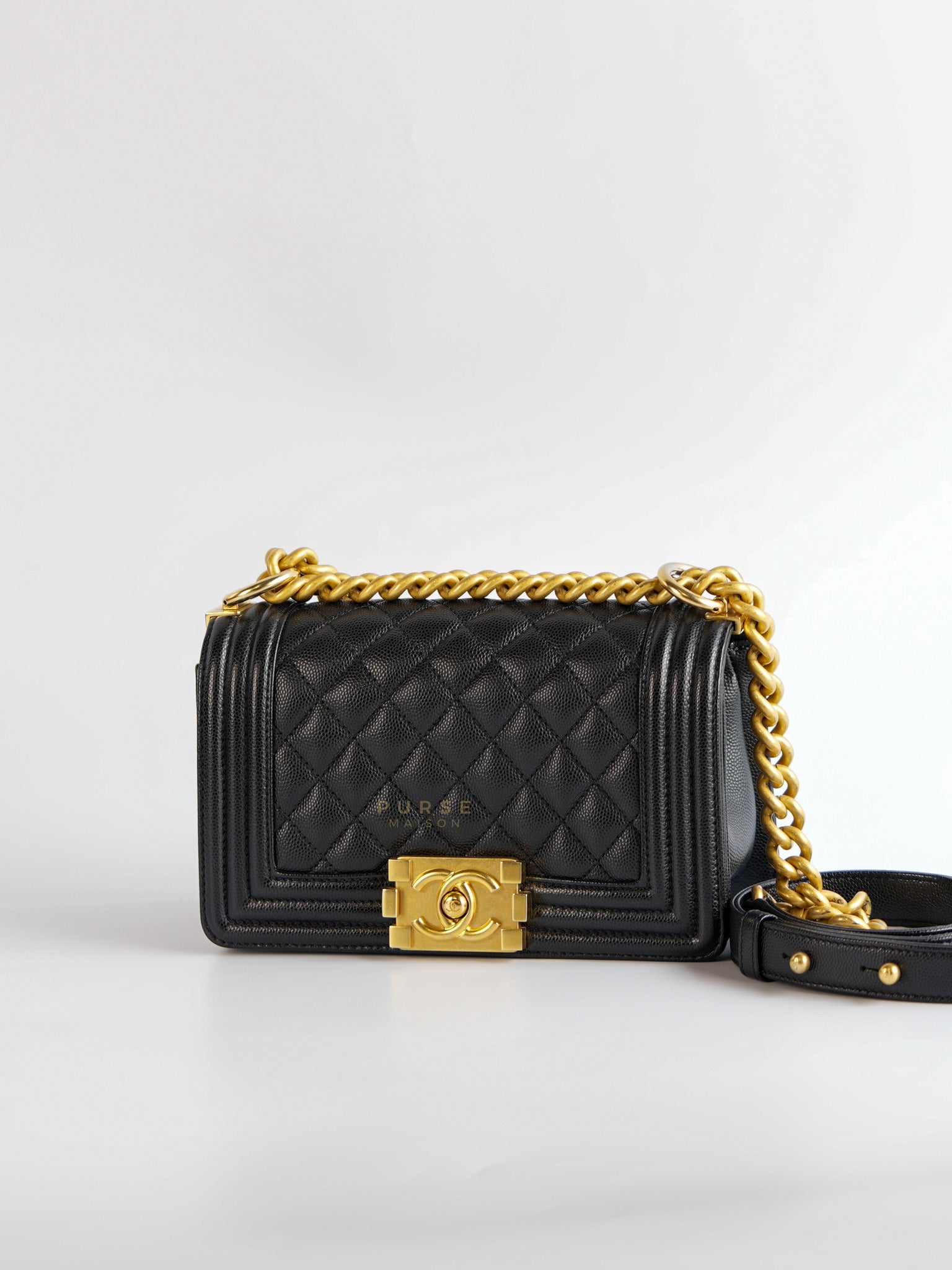 Boy Small in Black Caviar Leather and Aged Gold Hardware (Microchip) | Purse Maison Luxury Bags Shop