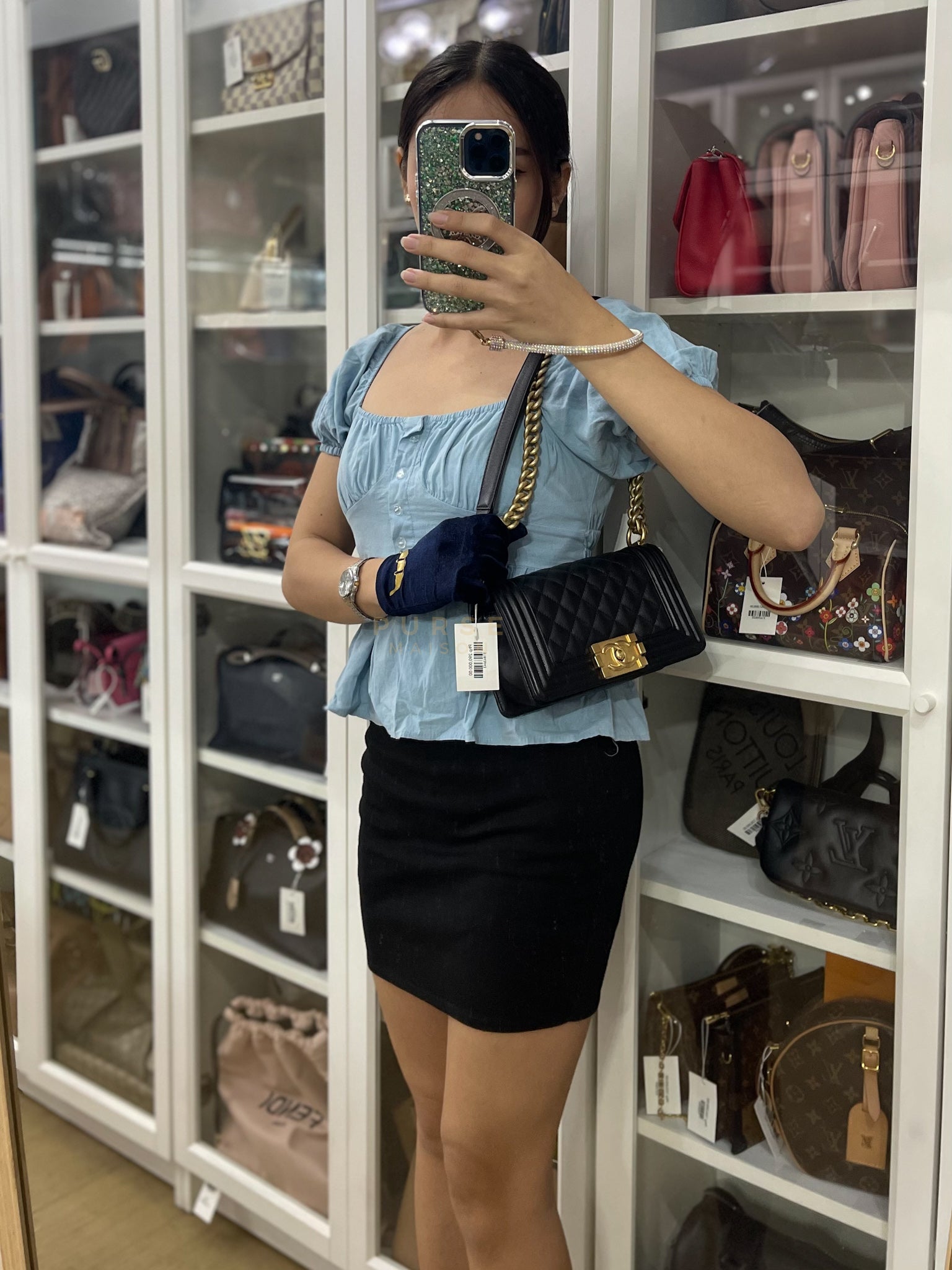 Boy Small in Black Caviar Leather and Aged Gold Hardware (Microchip) | Purse Maison Luxury Bags Shop