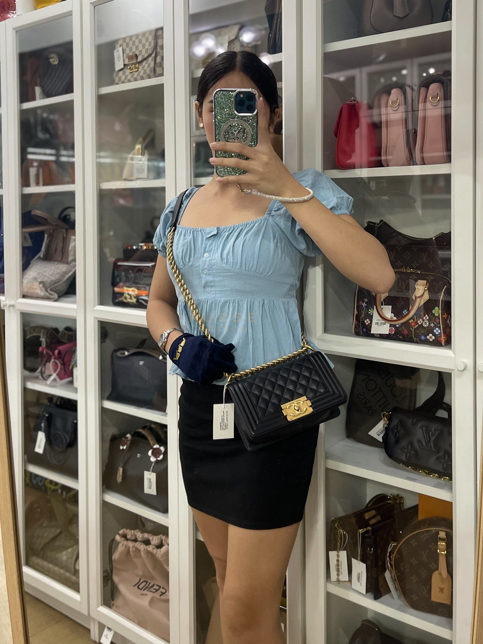 Boy Small in Black Caviar Leather and Aged Gold Hardware (Microchip) | Purse Maison Luxury Bags Shop