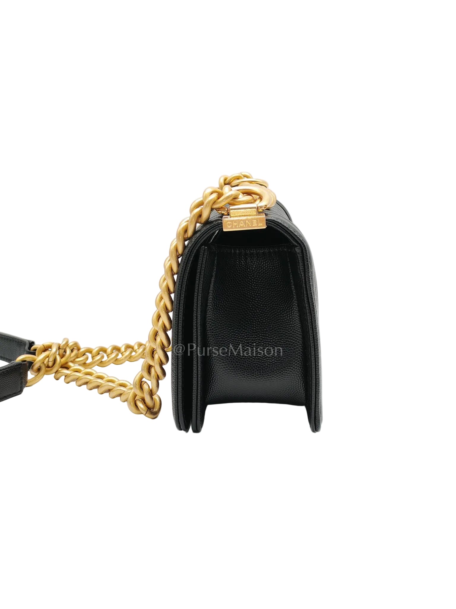 Boy Small in Black Caviar Leather and Aged Gold Hardware (Microchip) | Purse Maison Luxury Bags Shop
