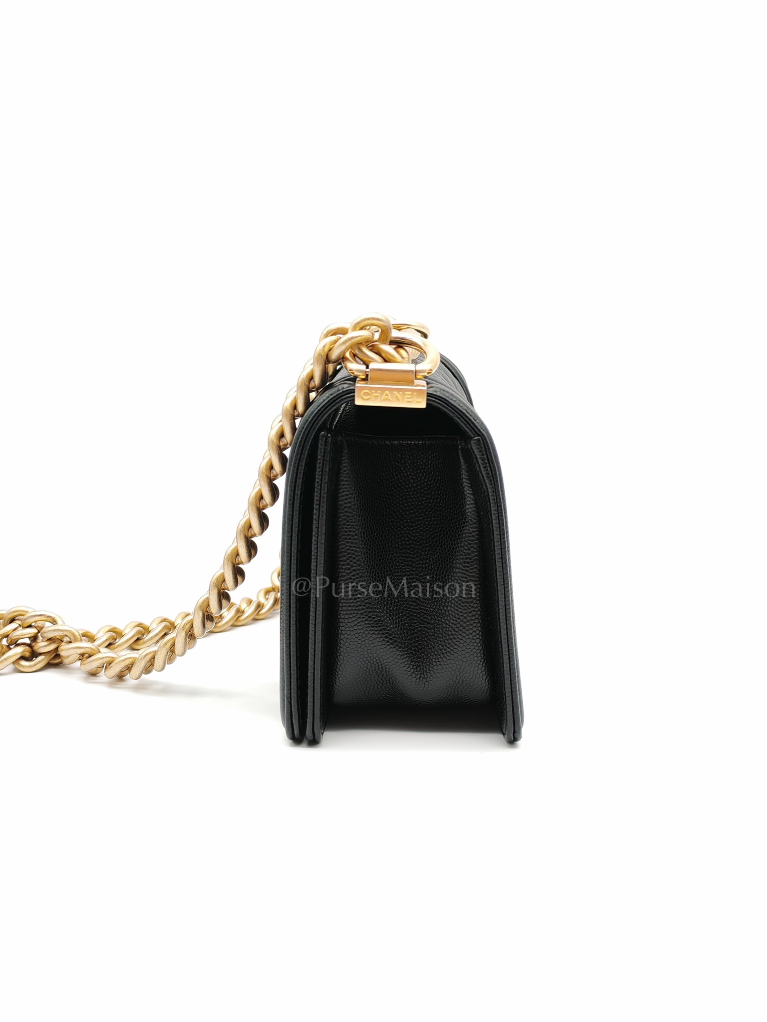 Boy Small in Black Caviar Leather and Aged Gold Hardware (Microchip) | Purse Maison Luxury Bags Shop
