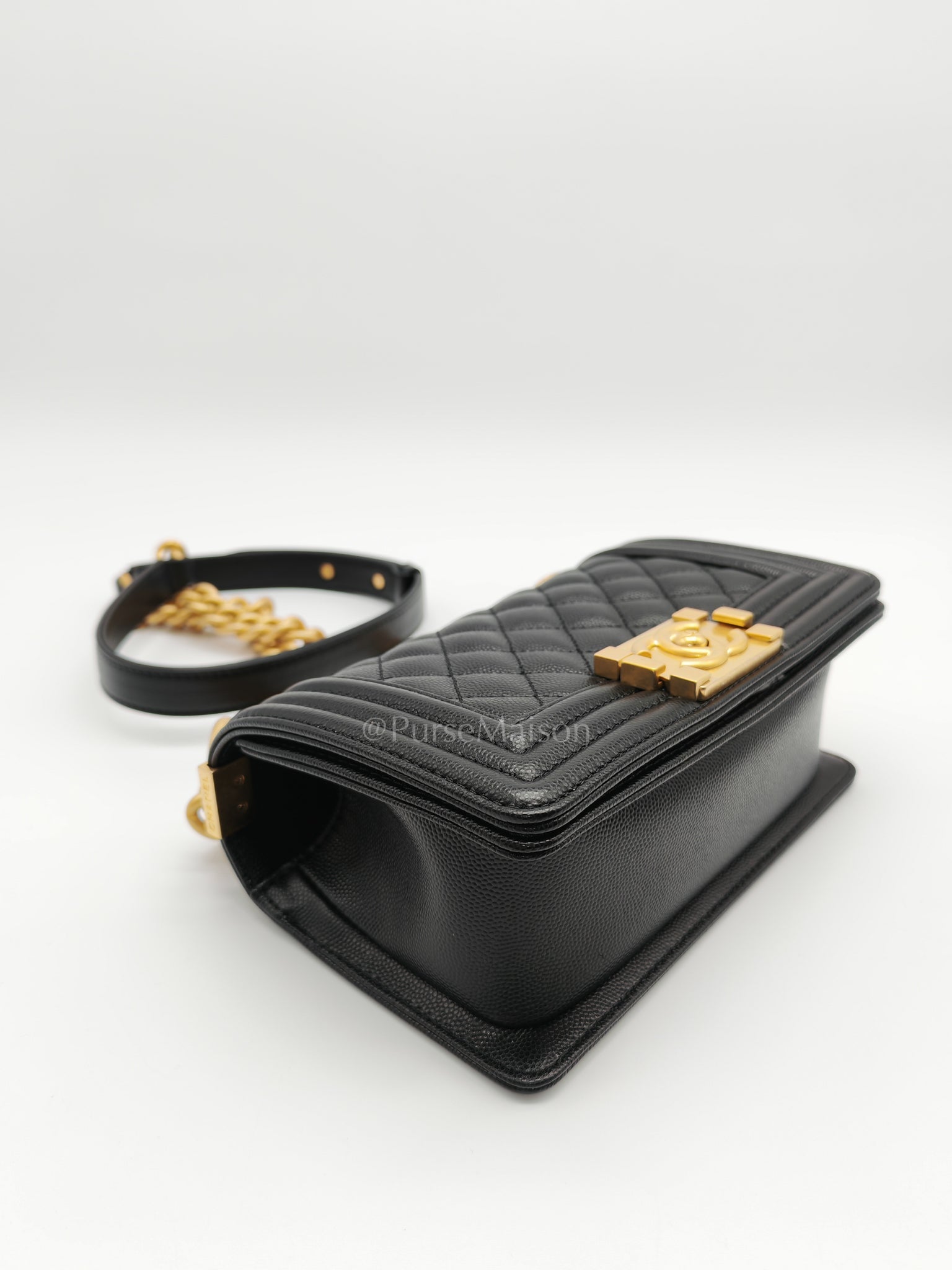 Boy Small in Black Caviar Leather and Aged Gold Hardware (Microchip) | Purse Maison Luxury Bags Shop