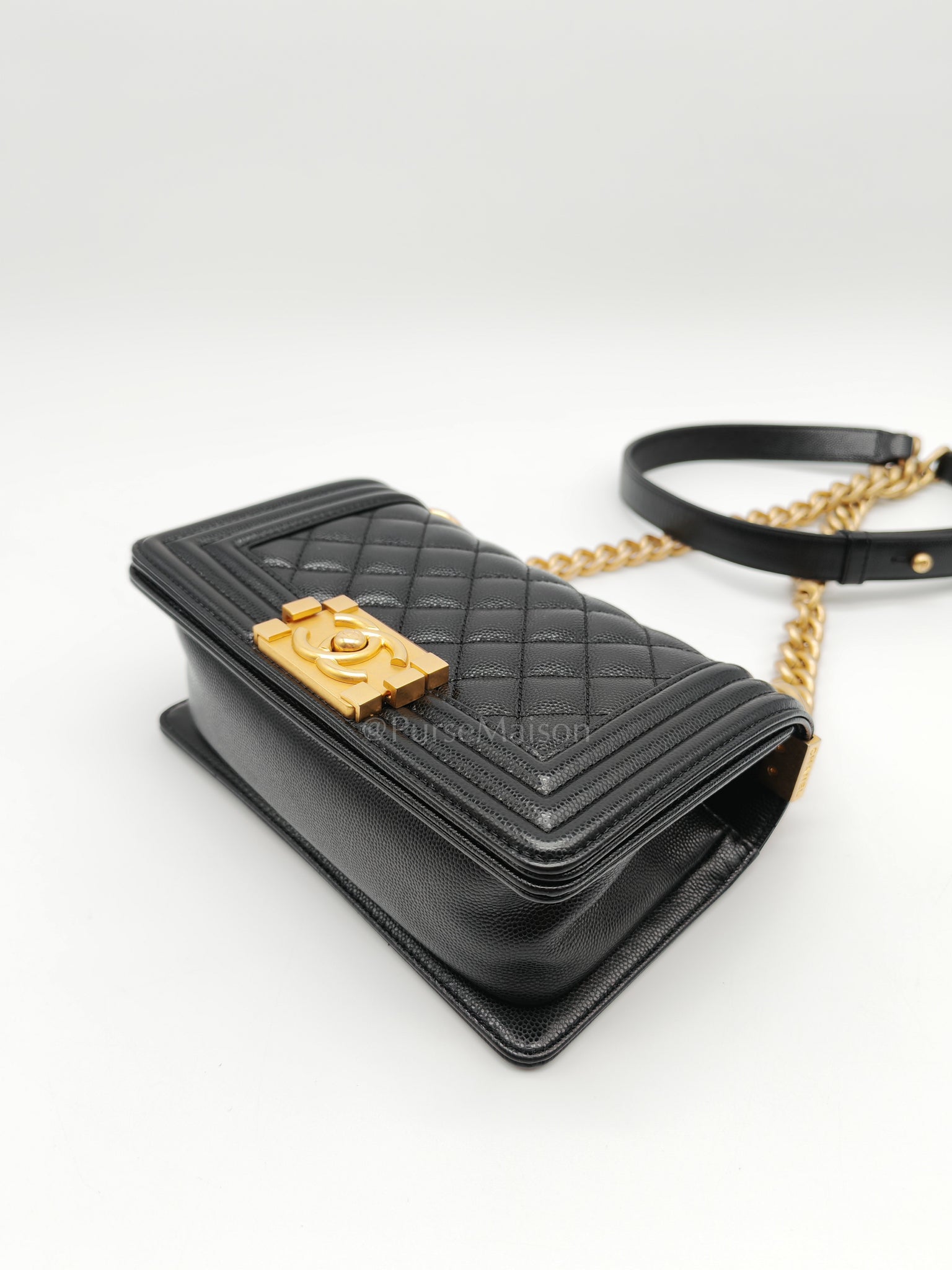 Boy Small in Black Caviar Leather and Aged Gold Hardware (Microchip) | Purse Maison Luxury Bags Shop
