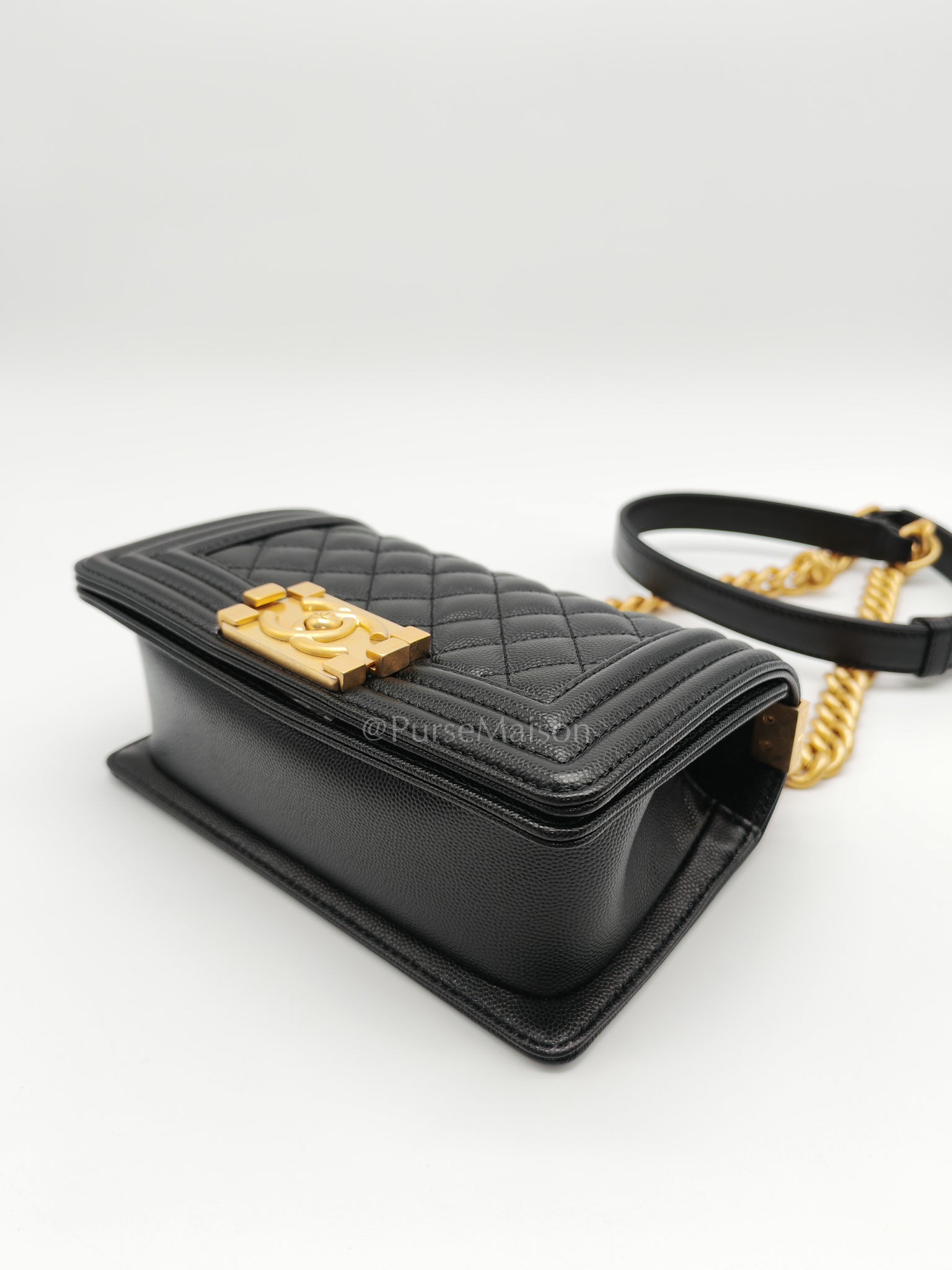 Boy Small in Black Caviar Leather and Aged Gold Hardware (Microchip) | Purse Maison Luxury Bags Shop
