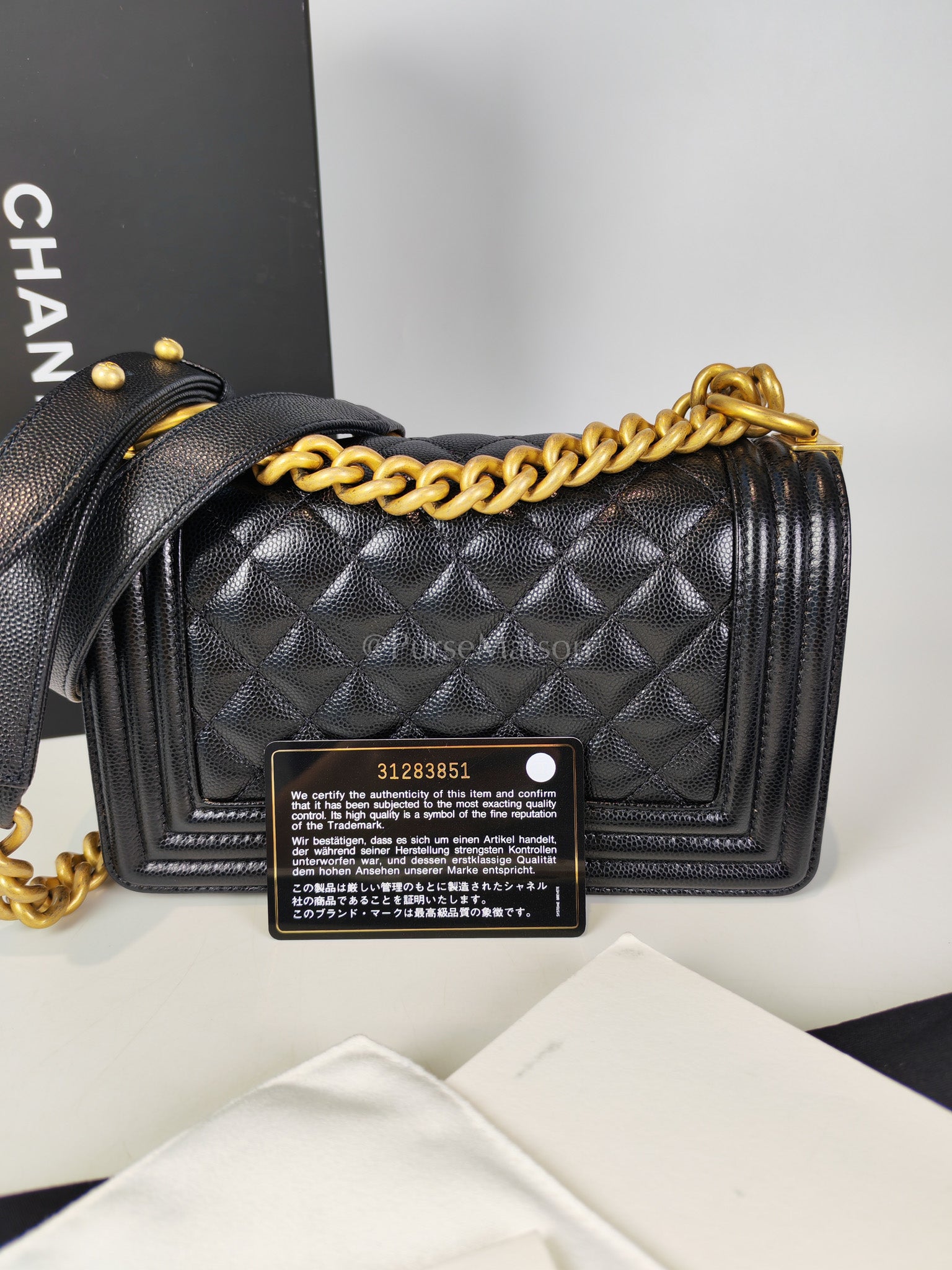 Boy Small in Black Caviar Leather and Aged Gold Hardware Series 31 | Purse Maison Luxury Bags Shop