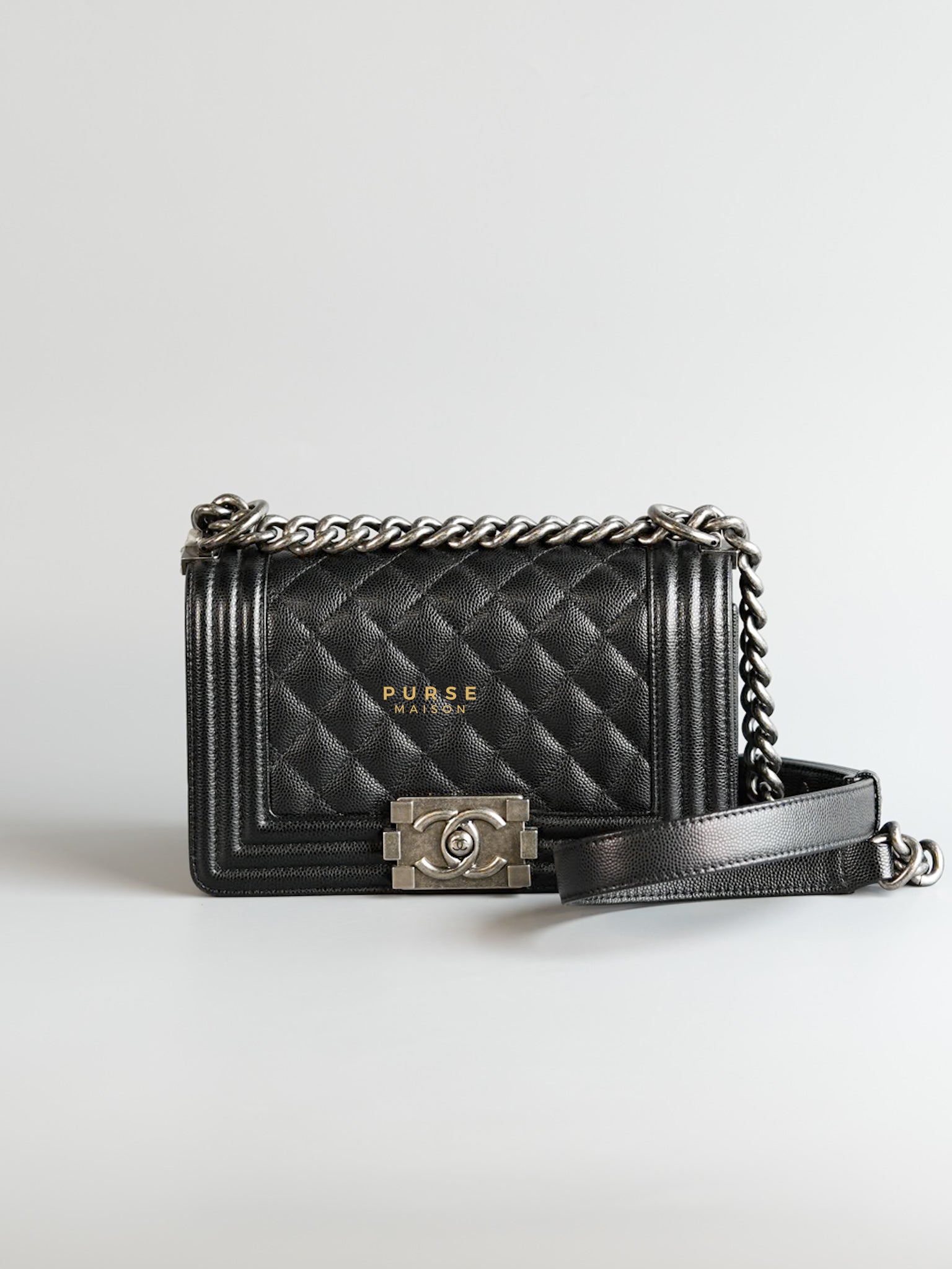 Boy Small in Black Caviar Leather and Ruthenium Hardware (Microchip) | Purse Maison Luxury Bags Shop