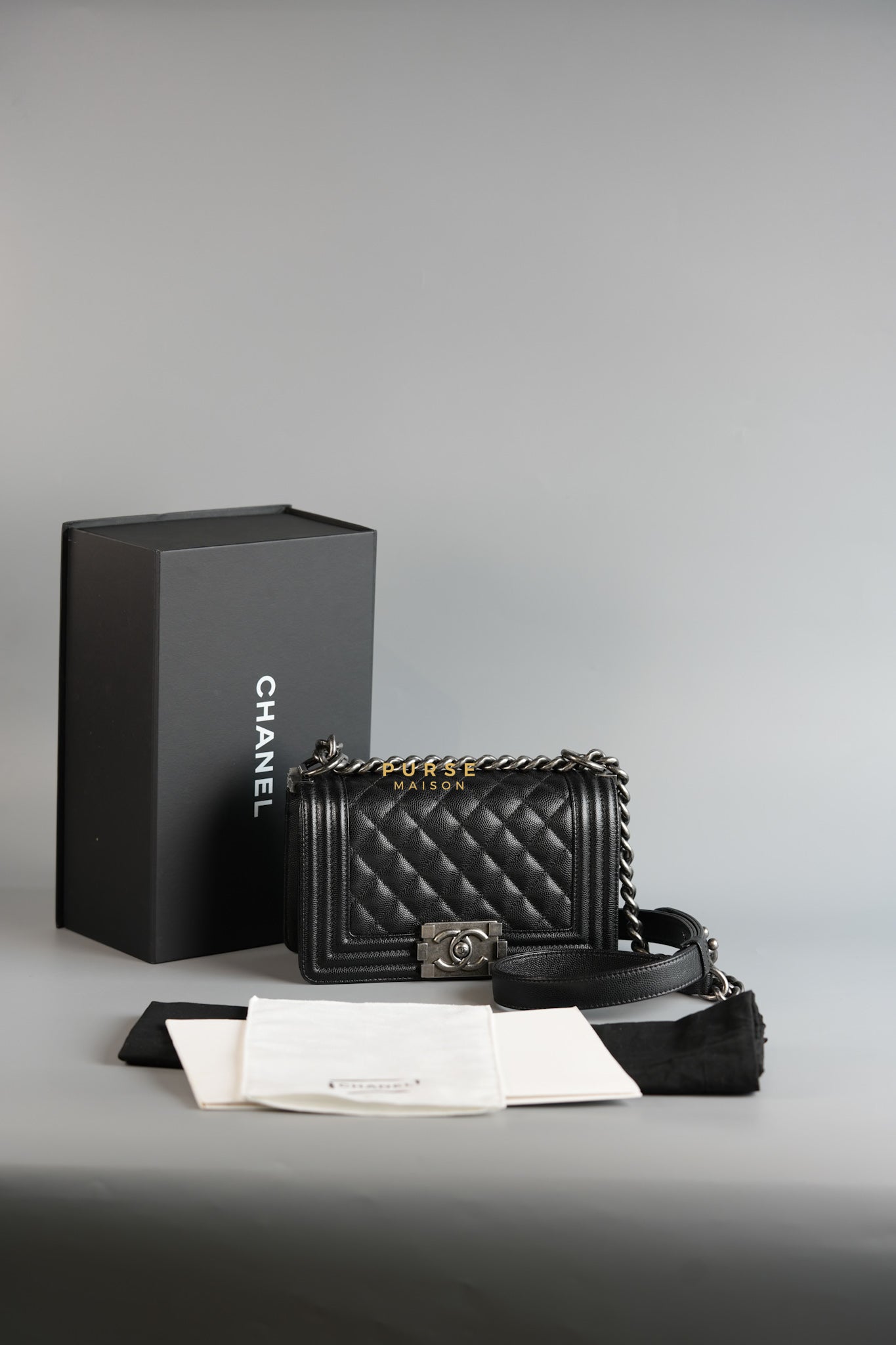 Boy Small in Black Caviar Leather and Ruthenium Hardware (Microchip) | Purse Maison Luxury Bags Shop