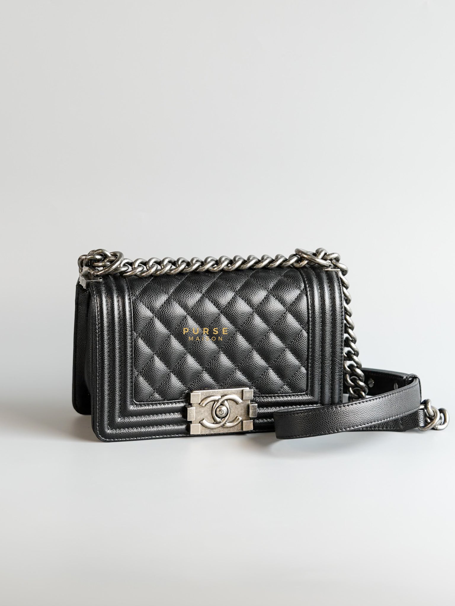 Boy Small in Black Caviar Leather and Ruthenium Hardware (Microchip) | Purse Maison Luxury Bags Shop